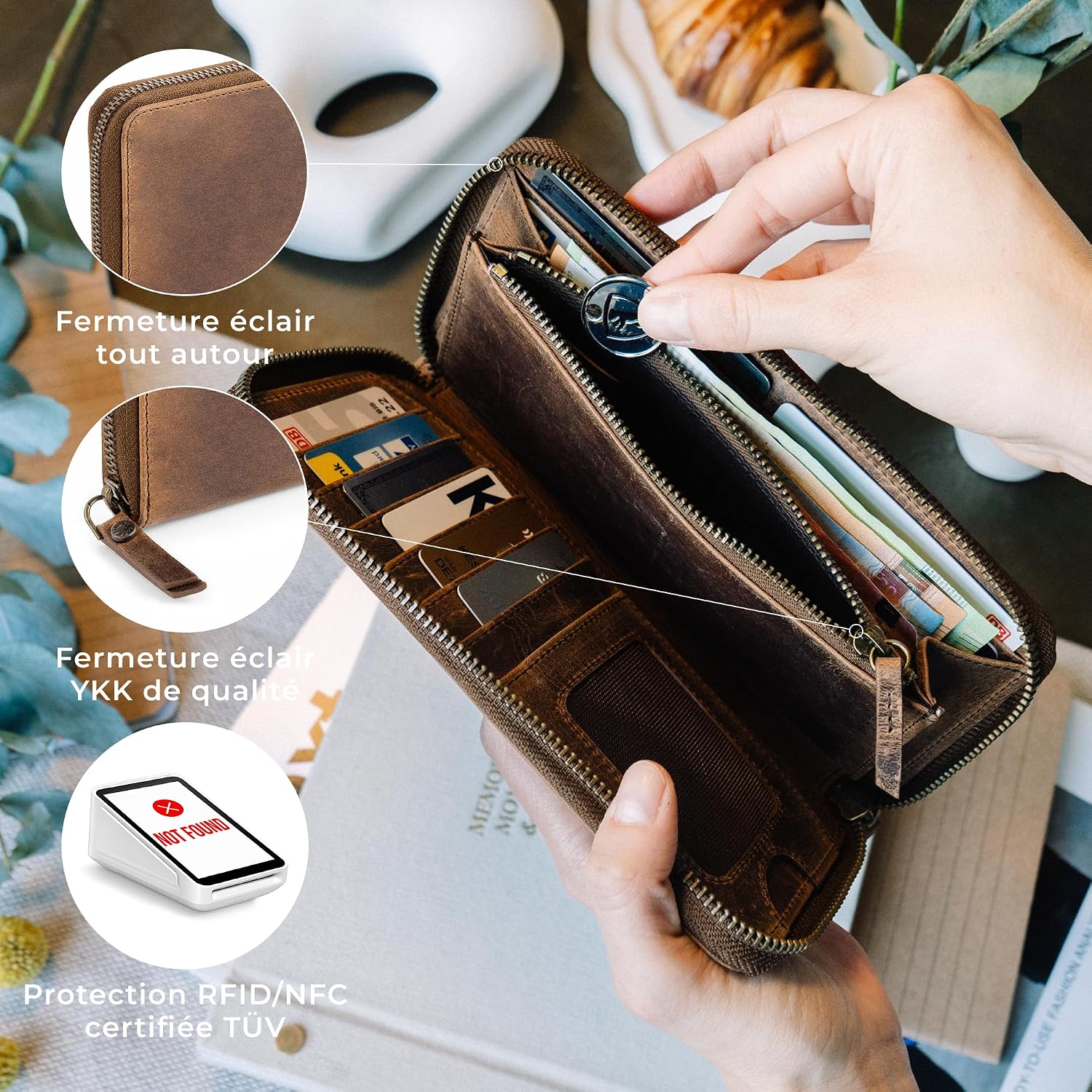 Detalle 2 de Berliner Bags Margo Grand Portefeuille en Cuir avec RFID – Marron, 12 emplacements et fermeture YKK