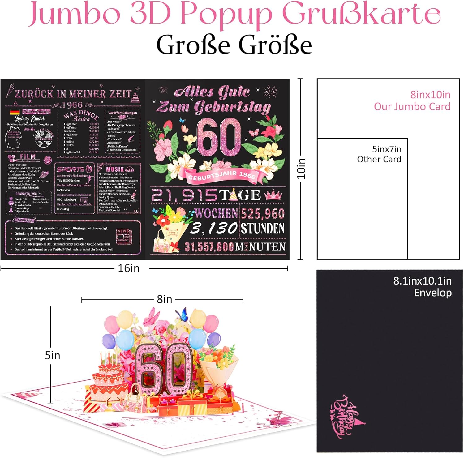 Detalle de OLOSONG 60. Geburtstag Pop-Up Karte – 3D-Luftballon-Geschenk zum 60. Geburtstag