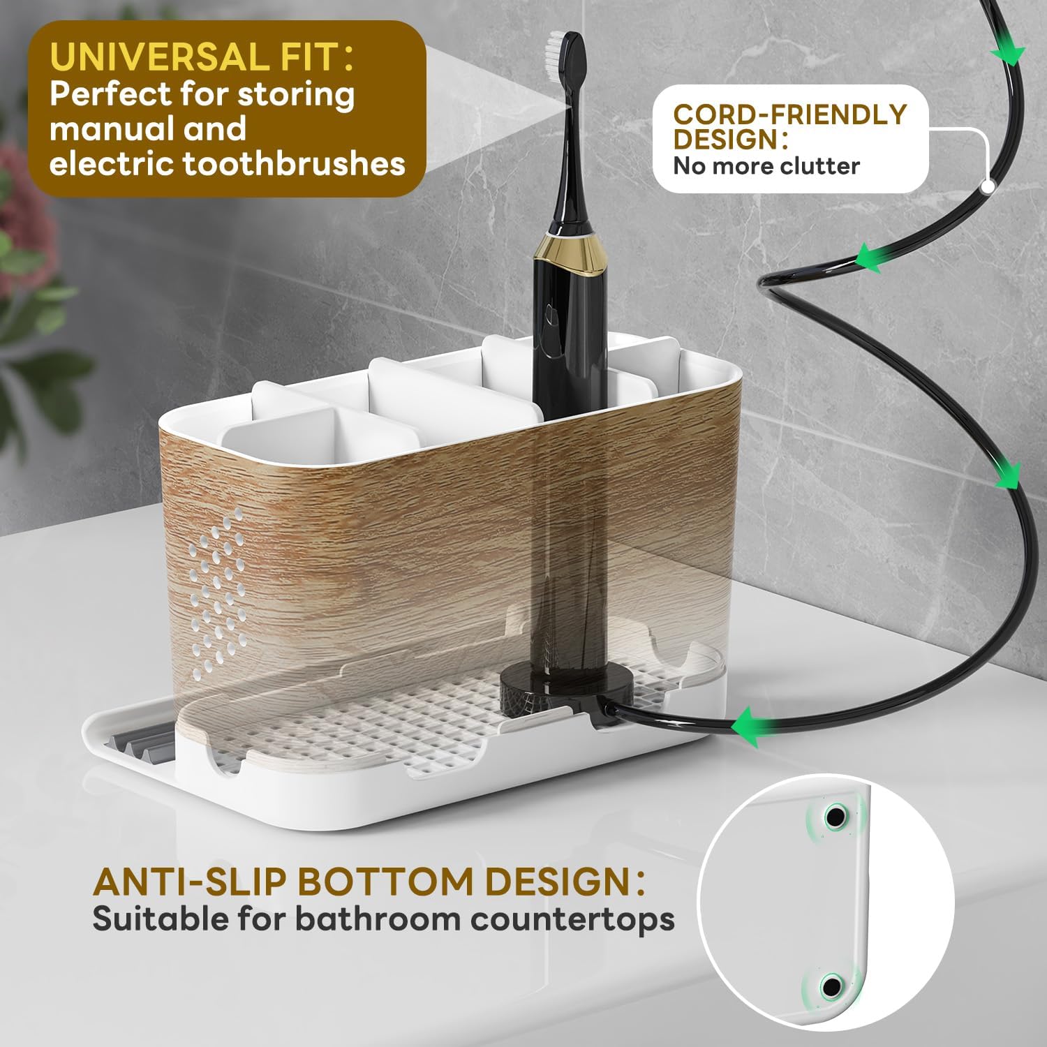 Detalle de toprance Detachable Wood Grain Toothbrush Holder with 6 Slots, Front Ledge & Cord-friendly Design