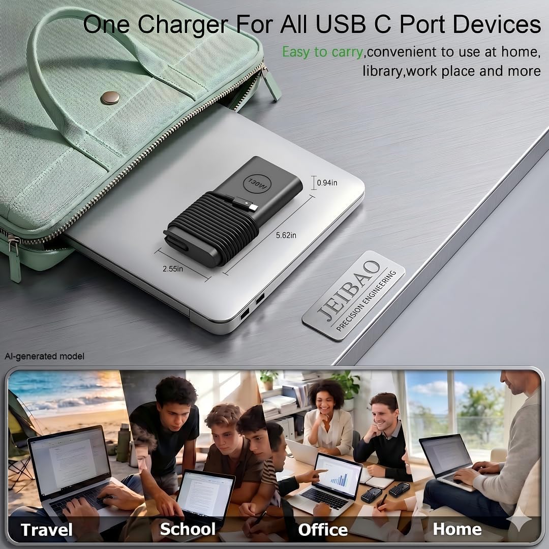 Detalle de 130W USB-C Laptop Charger for Dell XPS, Precision, Latitude — High-Efficiency PD Power Supply