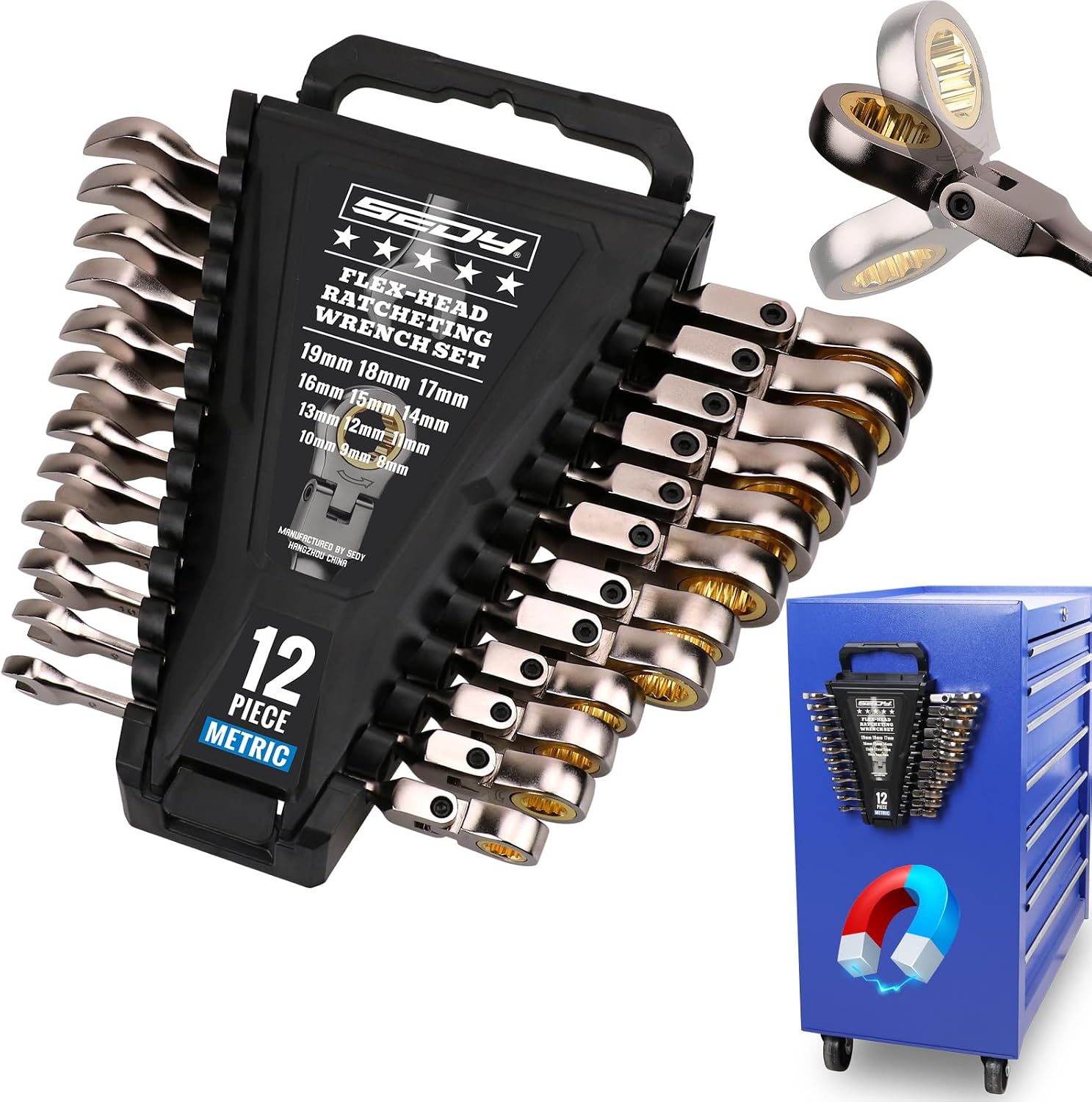 Detalle de SEDY 81179 12-Piece Metric Flex-Head Ratcheting Wrench Set, 8-19mm, 72-Tooth