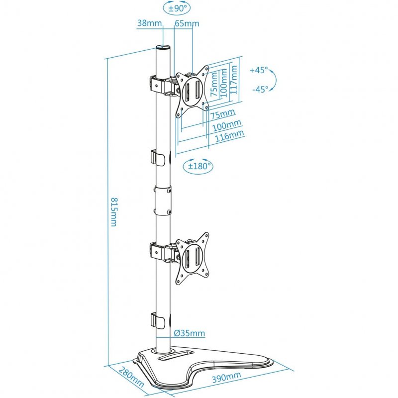Detalle 2 de TooQ Soporte Vertical Inclinable Giratorio para 2 Monitores 17"–32" (VESA 100x100) – Escritorio