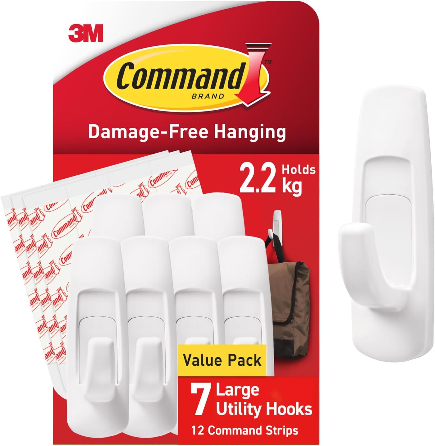 Detalle de Command Large Utility Hook, Pack of 7 Hooks and 12 Adhesive Strips (White) – Damage-Free Hanging