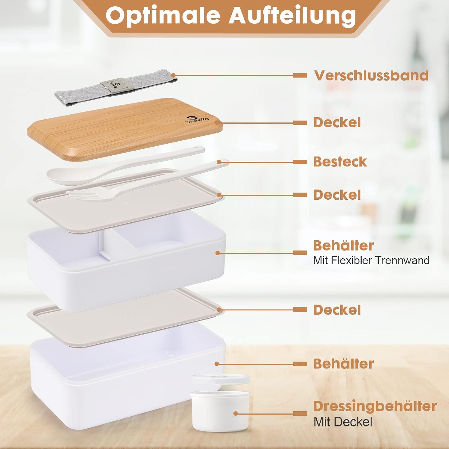 Detalle de Sinnsally Bento Box 1400 ml voor volwassenen, met vakken en bestek