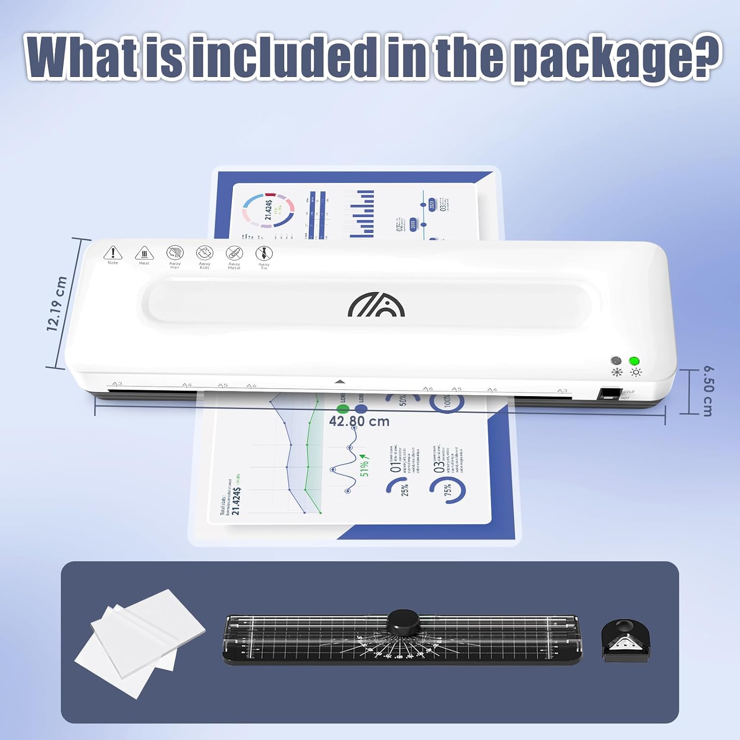 Detalle de A3 Laminator: 5-in-1 Laminating Machine with Cold & Thermal Modes for A3–A6, Built-in Cutter & Corner Rounder