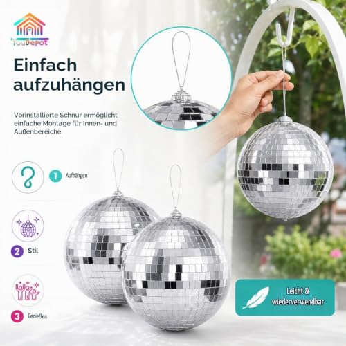 Thumbnail 5 de Youdepot Discokugel 2er Set, 15 cm - Silberne Spiegelkugeln zum Aufhängen