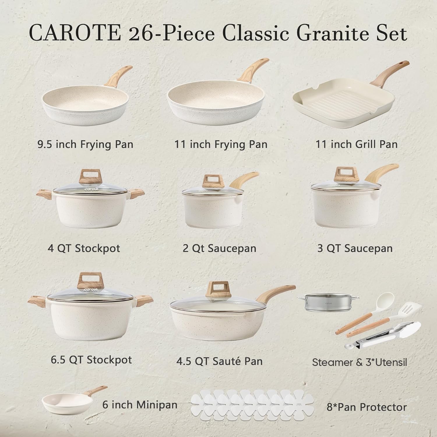 Detalle de CAROTE 26-Piece Cookware Set, Cream White Nonstick with Grill Pan and Steamer