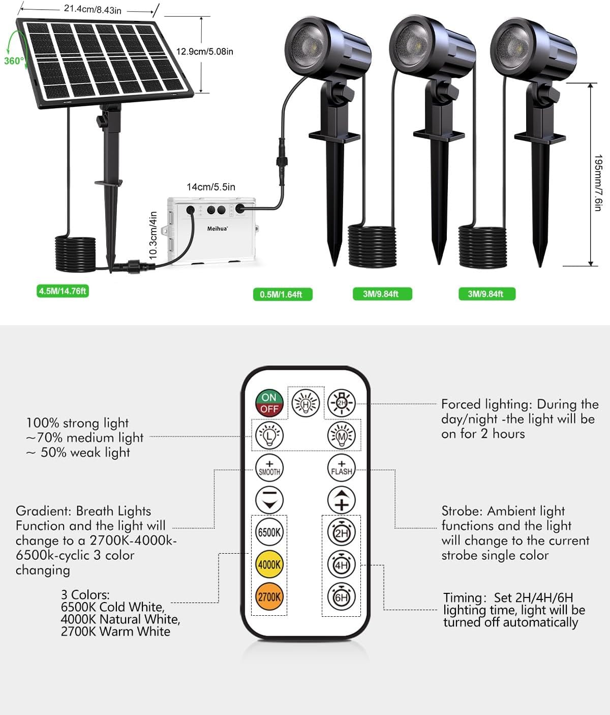Thumbnail 5 de MEIHUA 3 in 1 Solar Spotlight: IP66 Outdoor Garden Lighting with Remote, 2700K/4000K/6500K