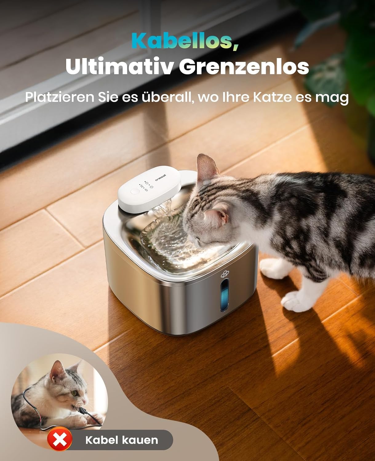 Detalle 2 de oneisall Katzenbrunnen Kabellos 3.5L – Edelstahl, 5000mAh, Bewegungsmelder, leise Pumpe