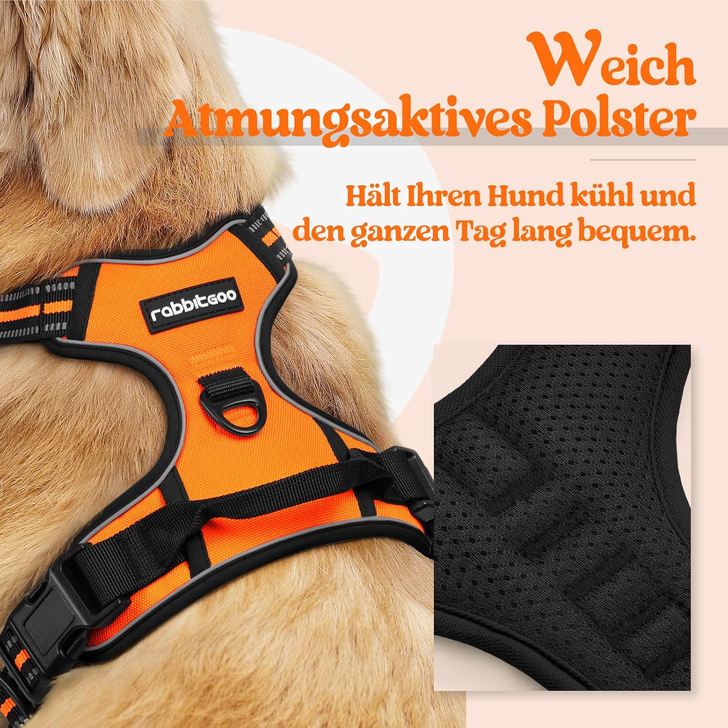 Detalle de rabbitgoo Hundegeschirr Mittelgroße Hunde No Pull, verstellbar mit 2 Ösen und Reflexstreifen (Größe M, Orange)