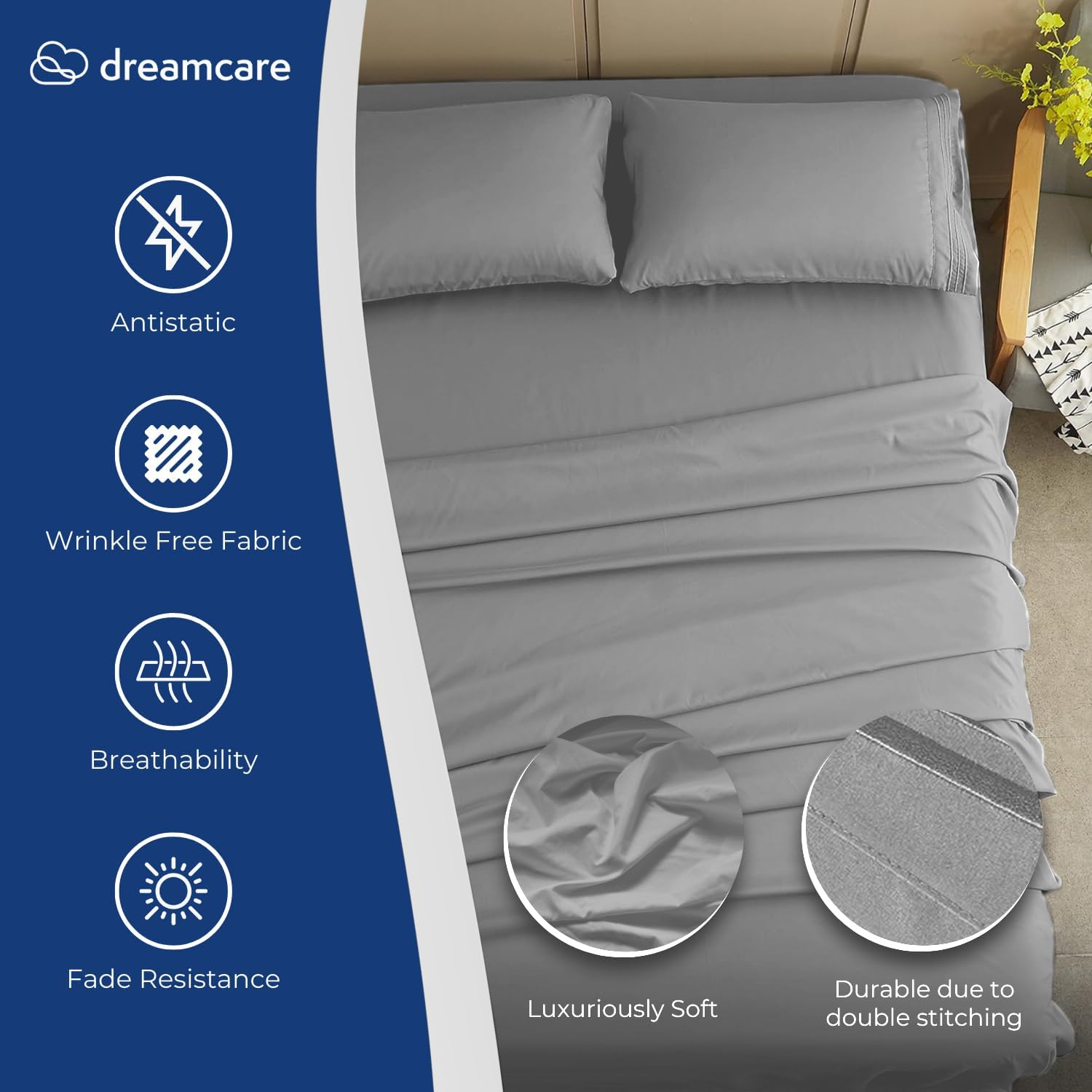 Detalle 2 de DREAMCARE King Microfiber Sheets Set, Extra Deep, Light Gray with Side Pocket
