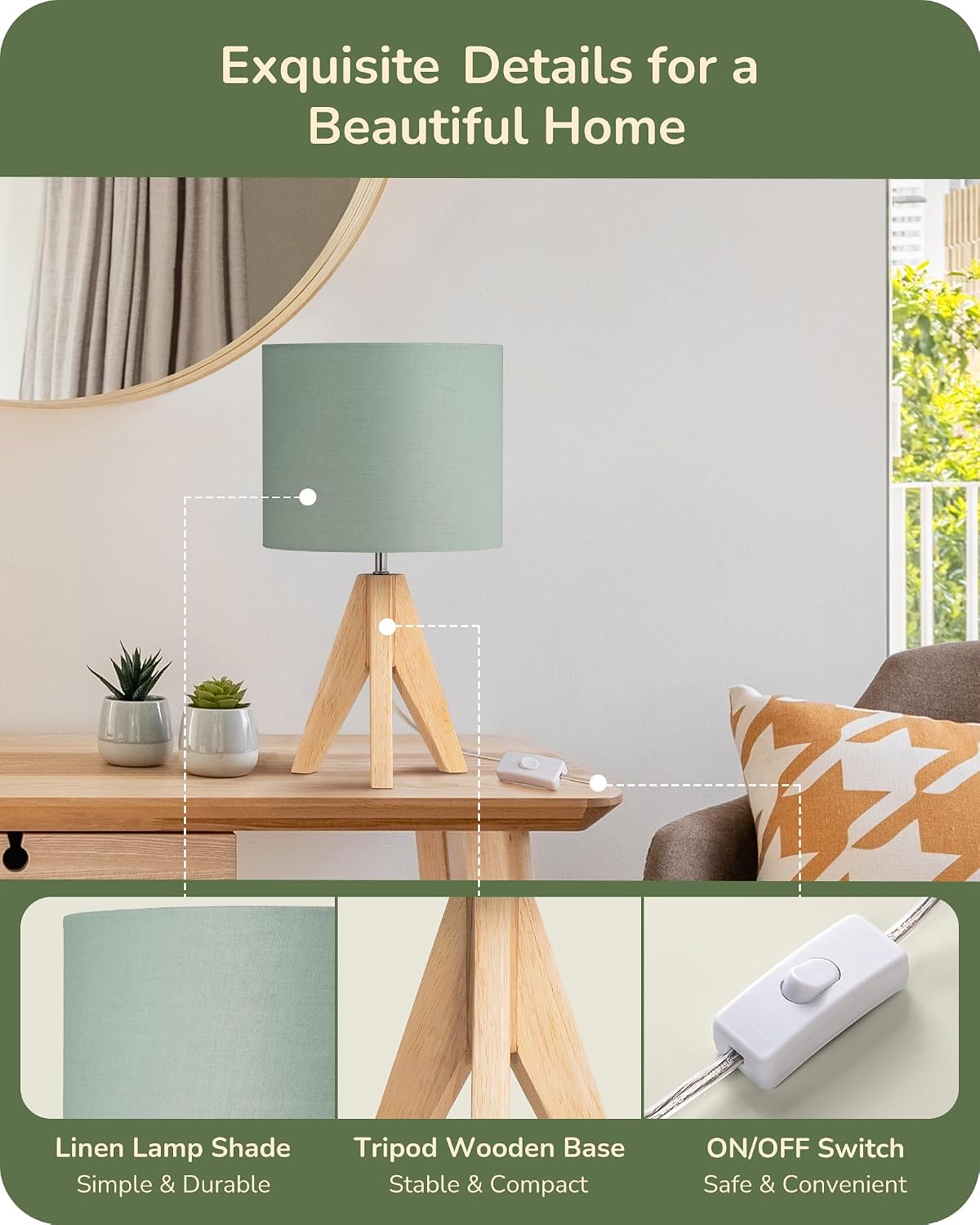 Detalle 2 de EDISHINE 36cm Bedside Lamp with Wooden Tripod Base and Bean Green Linen Shade (E27, 2700K LED bulb included)