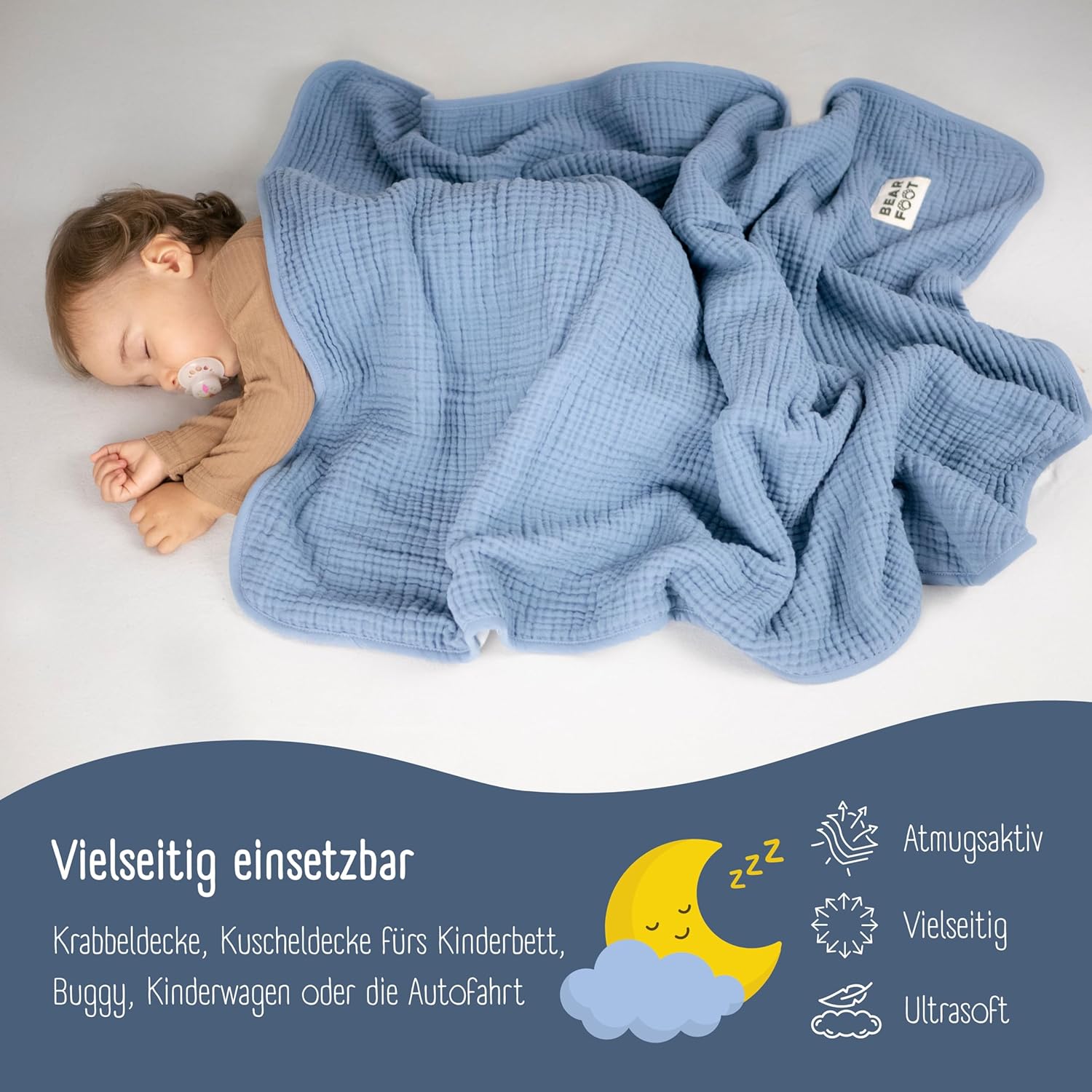 Thumbnail 5 de BEARFOOT Babydecke Musselin-Fleece Decke aus Baumwolle und Fleece – weich zum Kuscheln, Geburt, Kinderwagen & Reise