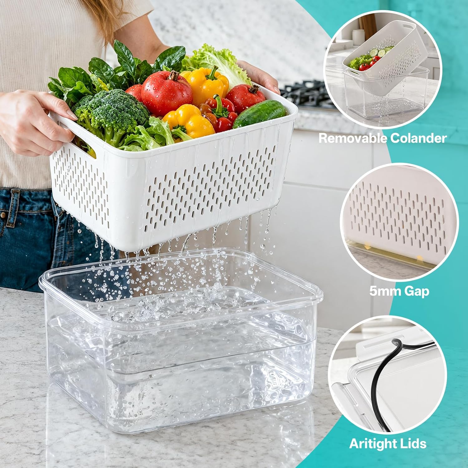 Detalle de HOMETALL 4-Pack Fruit Storage Containers for Fridge: BPA-Free, Mesh Design, 3.4QT to 0.4QT