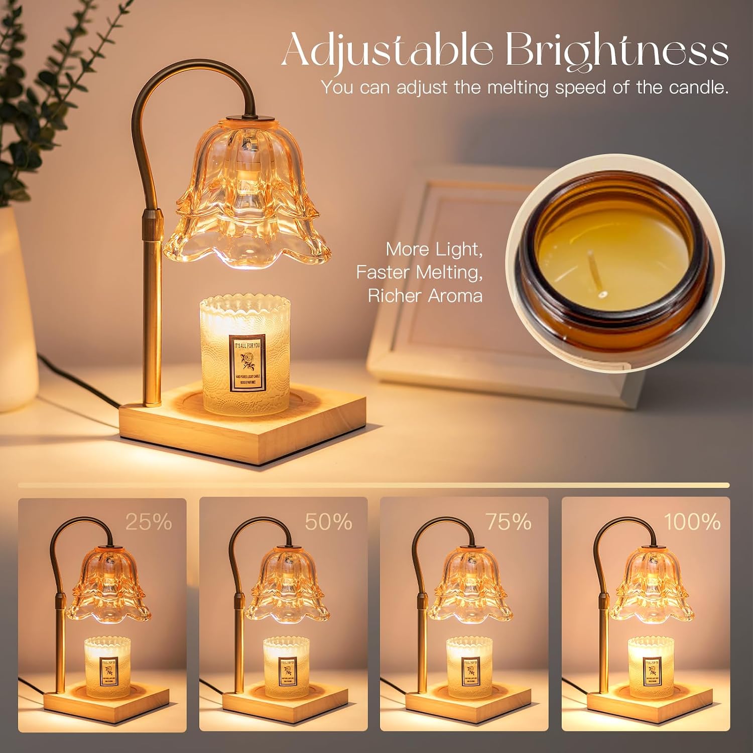 Detalle de Candeldo Candle Warmer Lamp with Timer, Gold Flower Glass Shade, Dimmable
