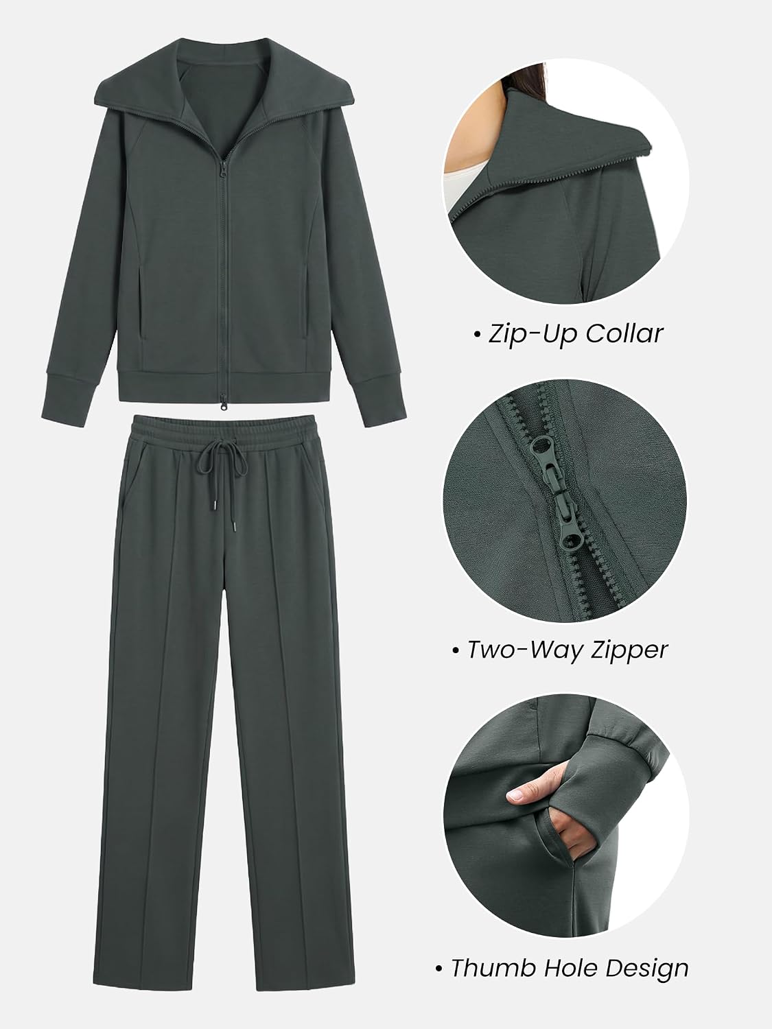 Detalle de Casly Lamiit 2-Piece Lounge Set for Women (Long Sleeve Zip-Up + Wide-Leg Sweatpants) — Spring Travel Outfit