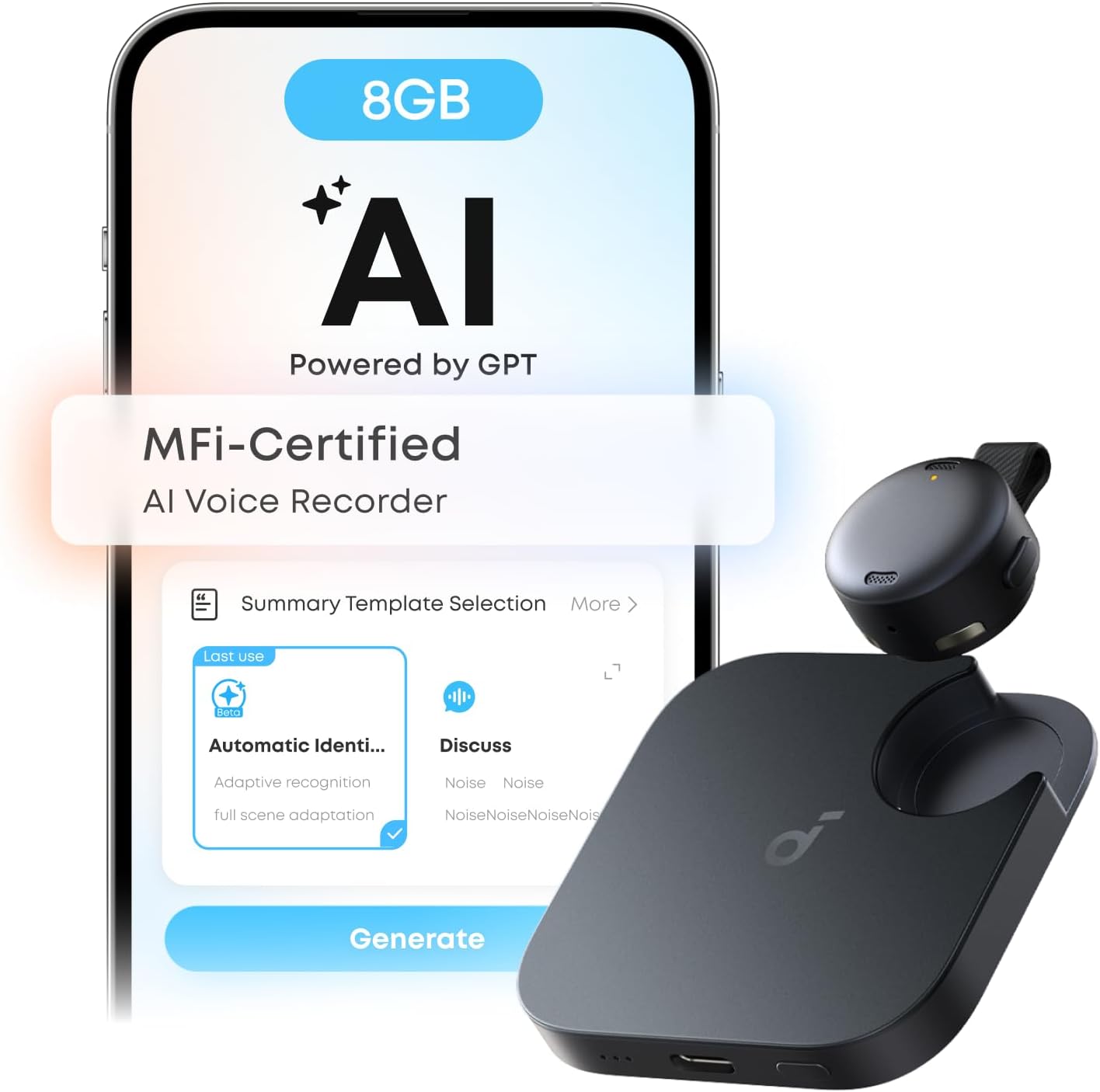 Detalle de Soundcore Work D3200 AI Voice Recorder, 8 GB, Stereo Mic, USB-C