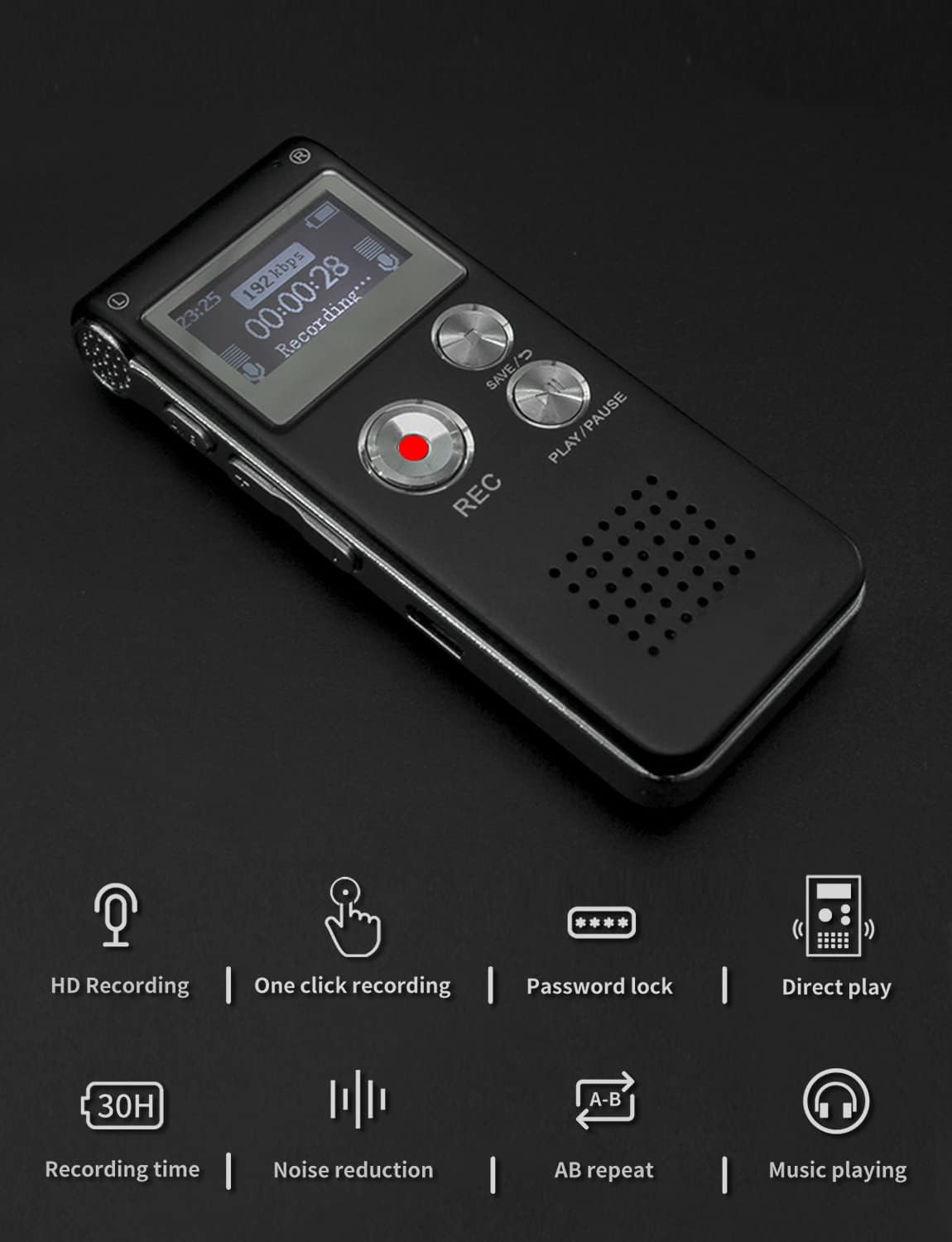 Detalle 2 de Fikyra 32GB digital voice recorder โ 30h battery ๐