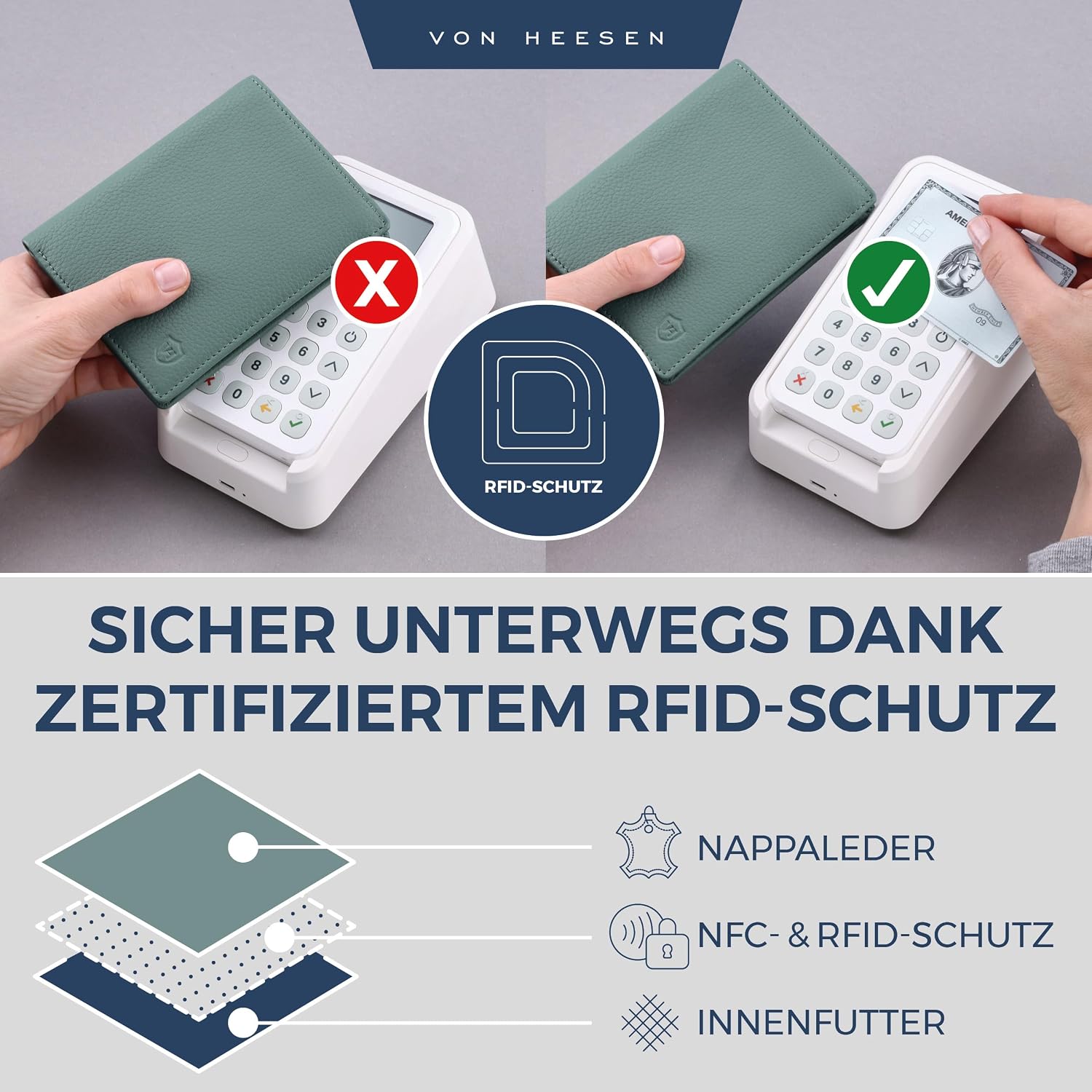 Thumbnail 2 de VON HEESEN RFID-geschützte Echtleder-Geldbörse in Türkis für Damen & Herren