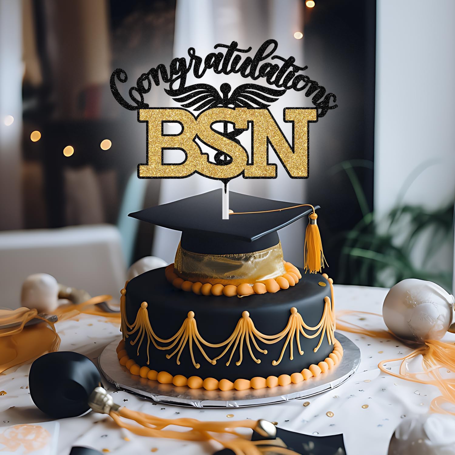 Thumbnail 3 de BSN Graduation Cake Topper, Black and Gold Glitter