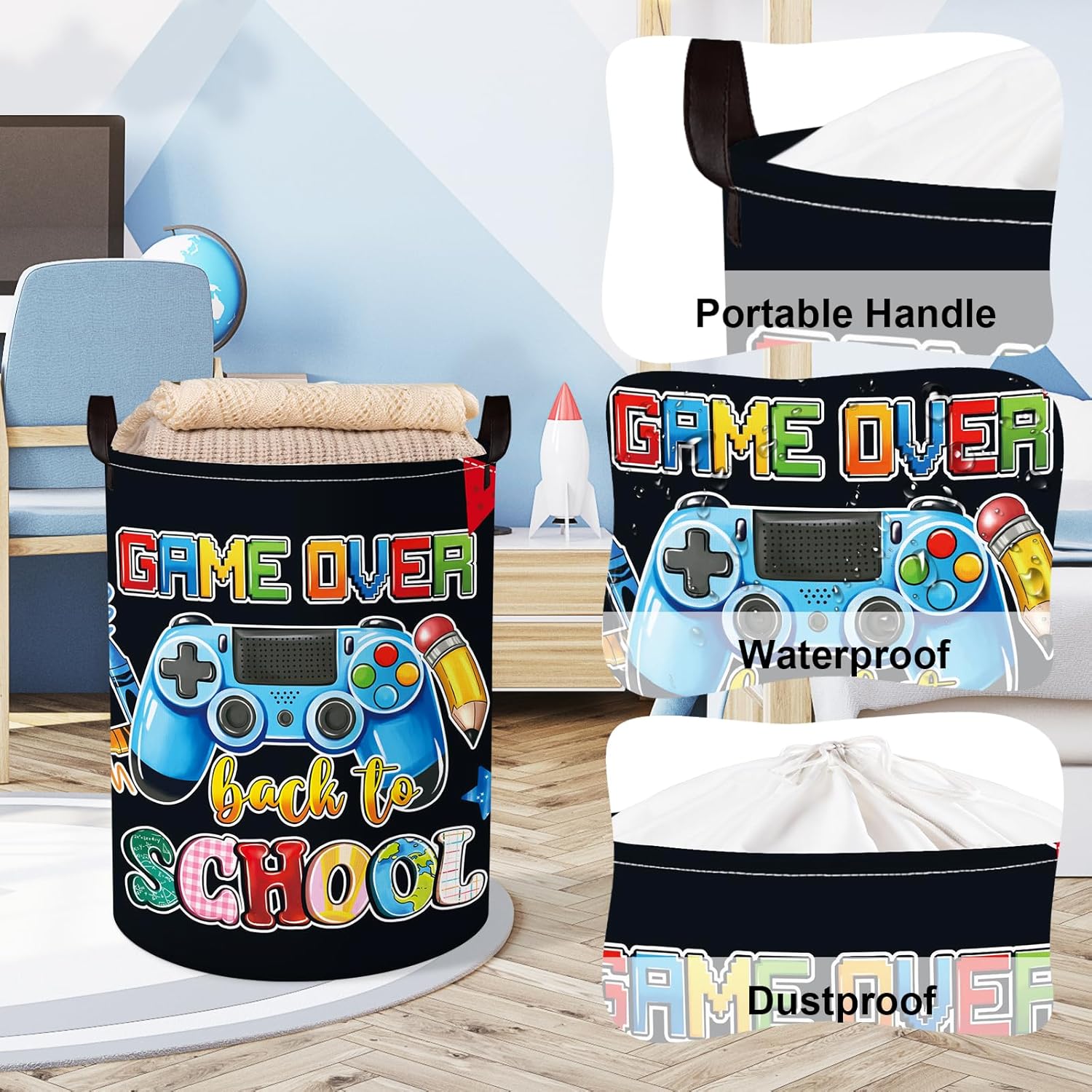 Detalle 2 de Clastyle Gamer Laundry Hamper Collapsible Clothes Basket for Kids – 36x45 cm, Black (Waterproof PE Coating)