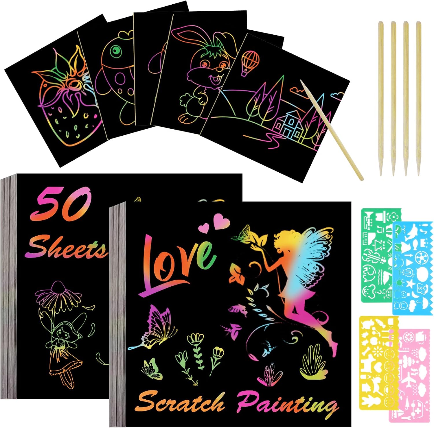 Detalle de Vicloon Rainbow Scratch Art – 50 skrapbilder med schabloner och träpennor
