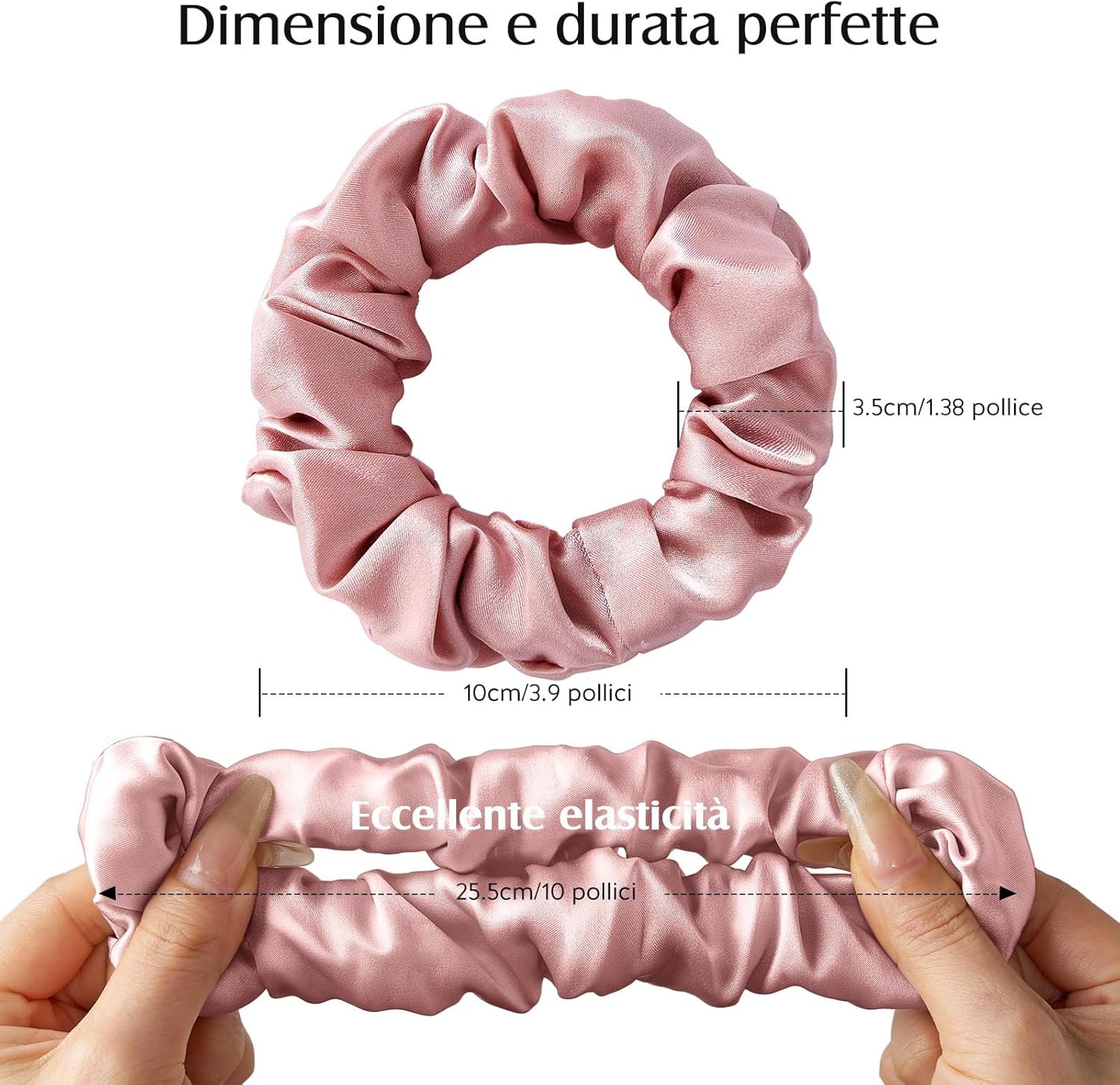 Detalle de Set di 3 scrunchies in seta Umisleep (100% seta di gelso) senza impronte, rosa + nero + champagne