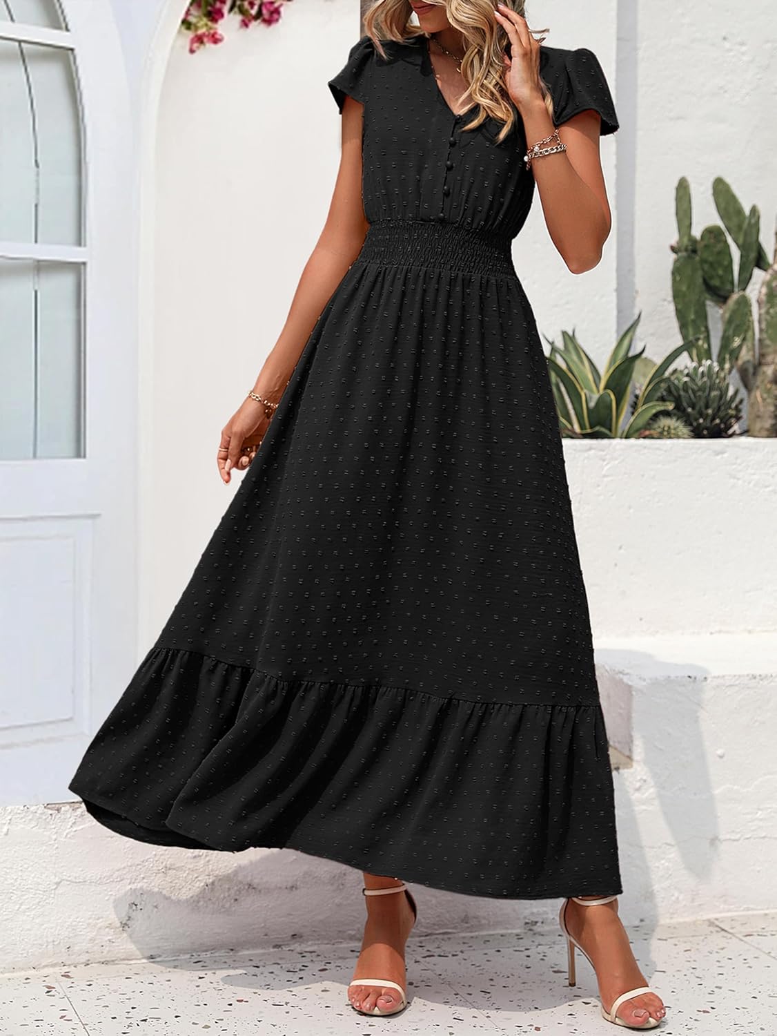 Detalle de PRETTYGARDEN 2026 Summer Maxi Dress — Boho Swiss Dot, V-Neck, Smocked Waist, Flowy Tiered Design