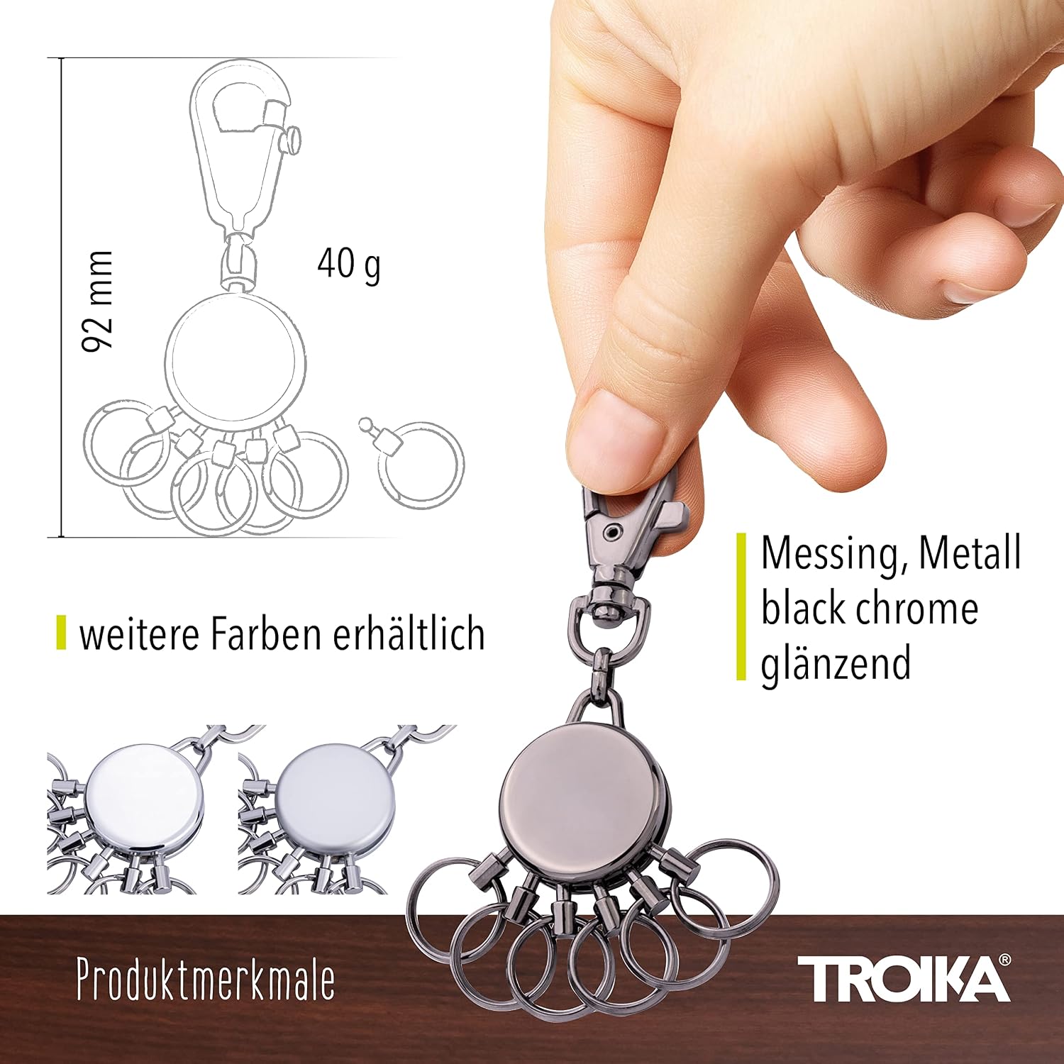 Detalle 2 de TROIKA Basic GM (gun metal) – Schlüssel-Organizer mit Karabiner und 6 austauschbaren Ringen