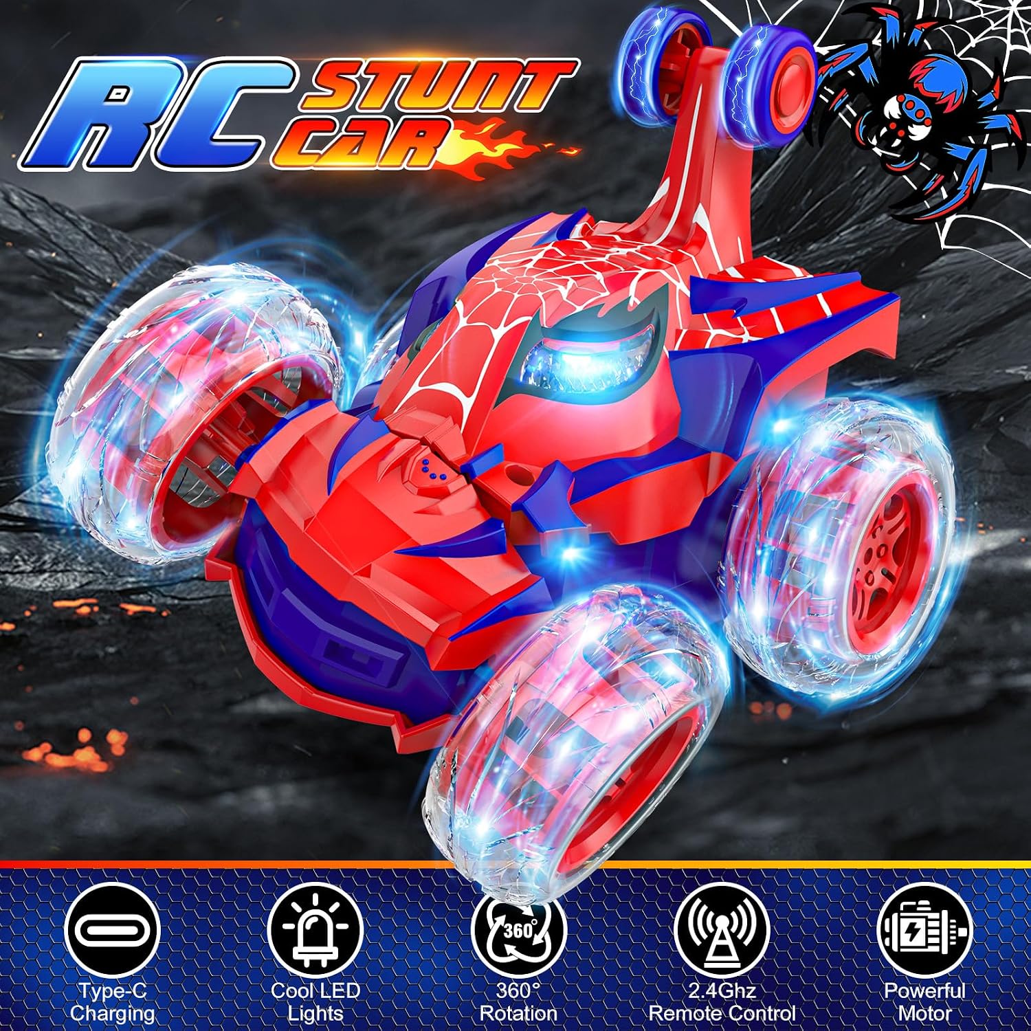 Detalle 2 de Mafbeanl Remote Control Spider Stunt RC Car (Red) — 360° Rotation, 2.4GHz Control, Rechargeable Wheel Lights