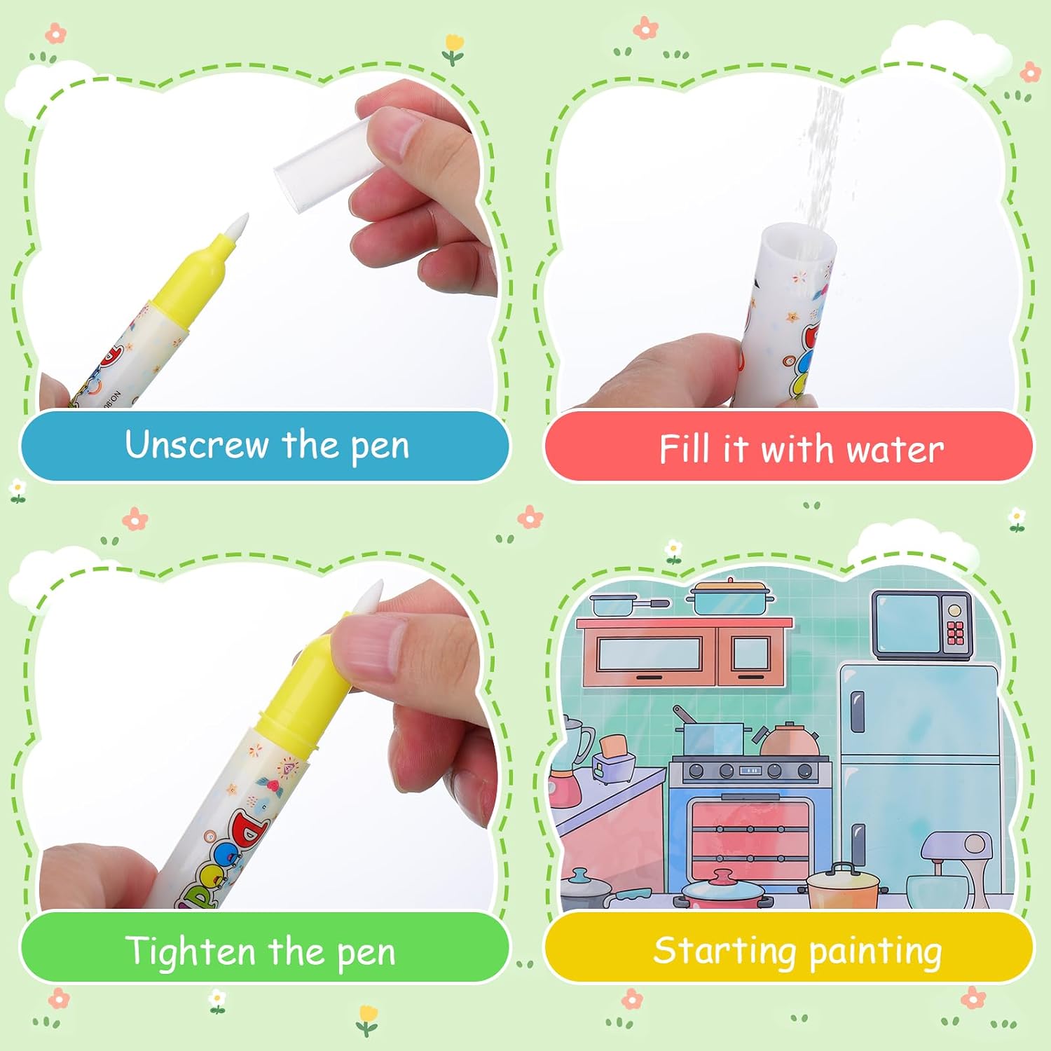 Detalle 2 de Vodolo paint 01 Reusable Water Painting Books, 4-Pack with Refillable Pens
