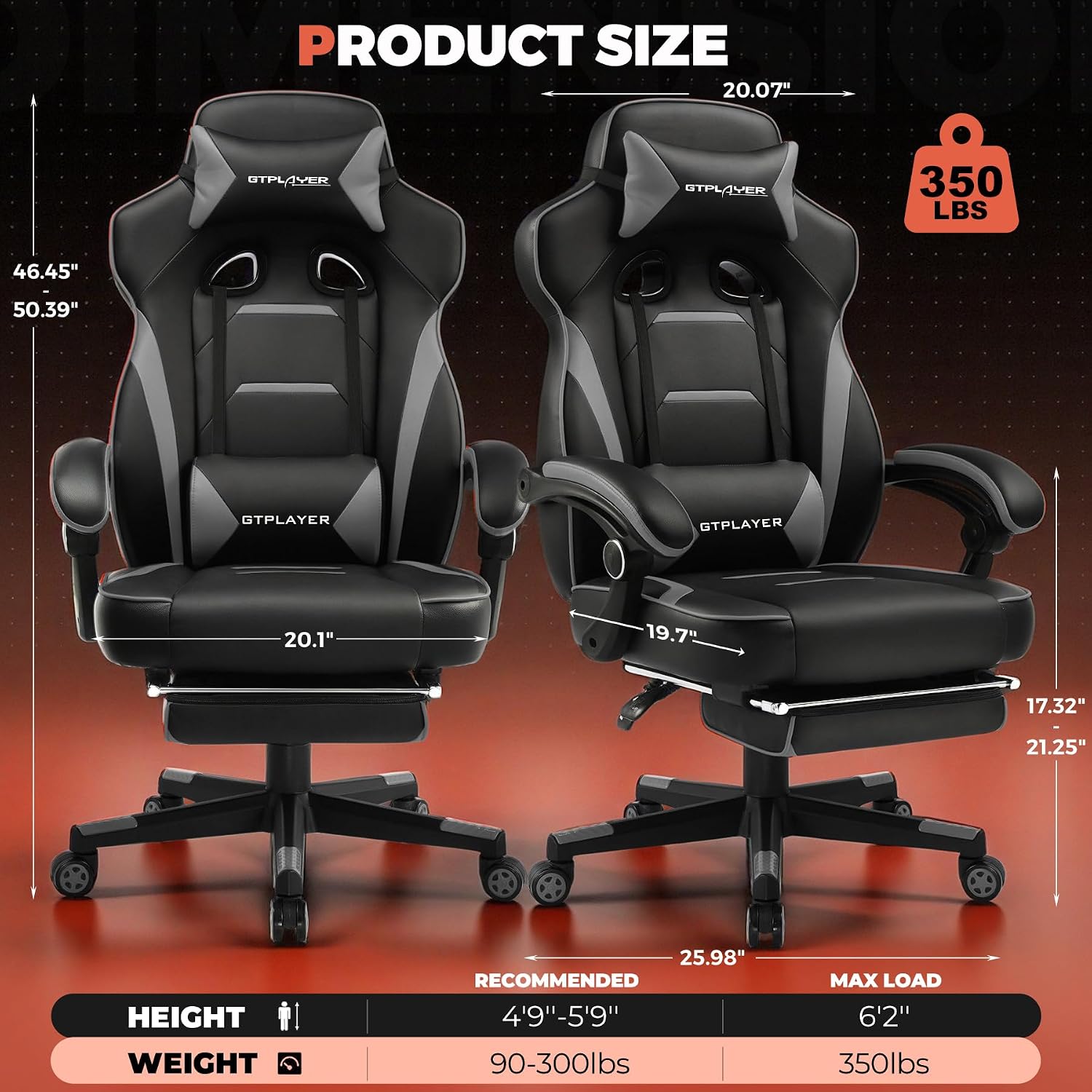 Detalle de GTPLAYER Gaming Chair, 350-Pound Capacity
