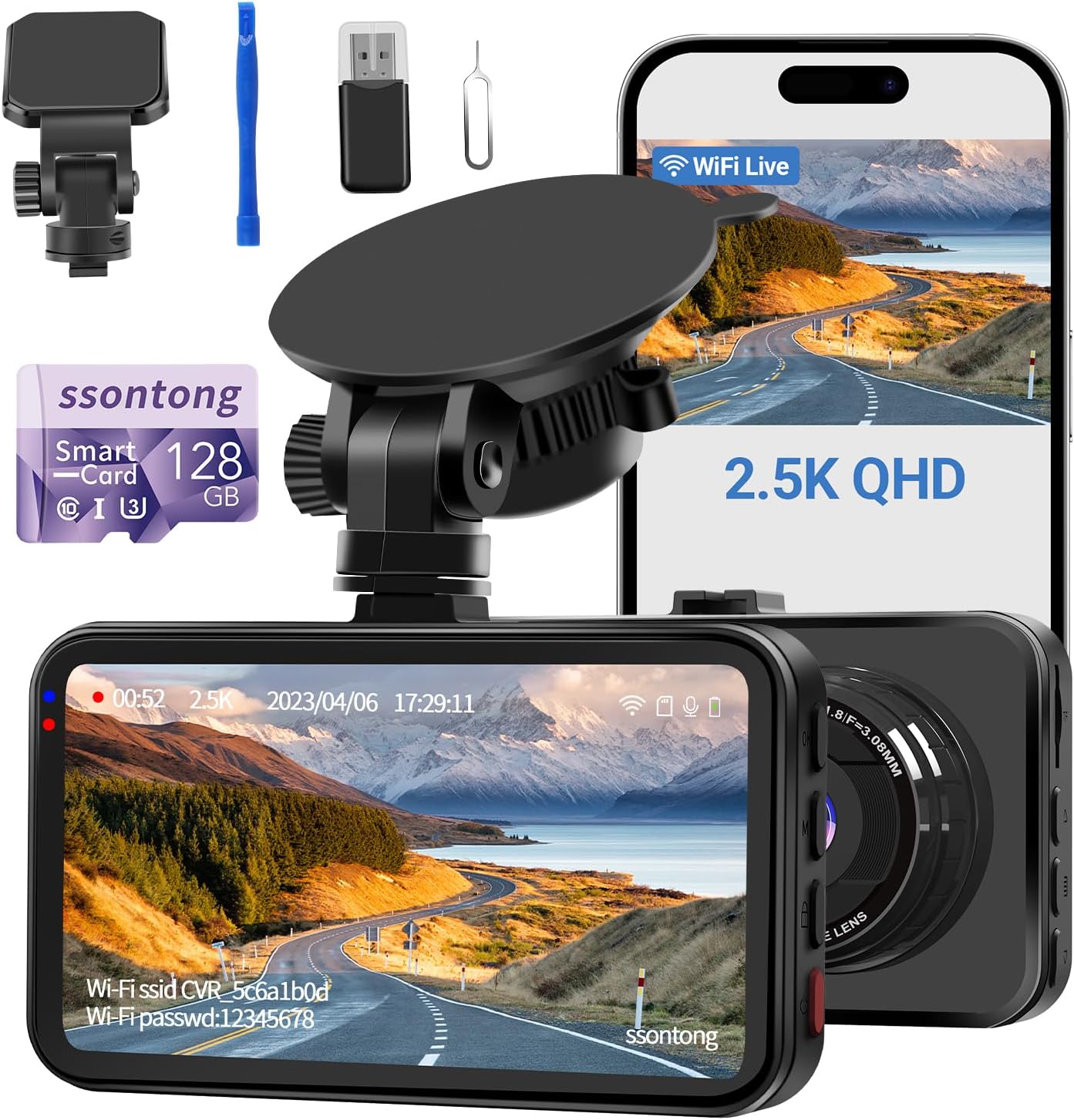 Detalle de Dash Cam WiFi 2.5K QHD 1440P 128GB Dashcam