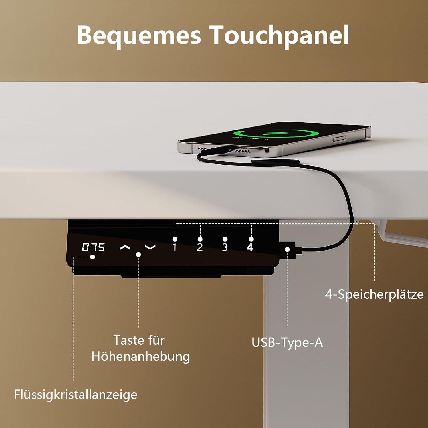 Thumbnail 4 de TRIUMPHKEY höhenverstellbarer Schreibtisch 160x80 cm elektrisch (Dualmotor, Touchscreen, USB‑A) – weiß