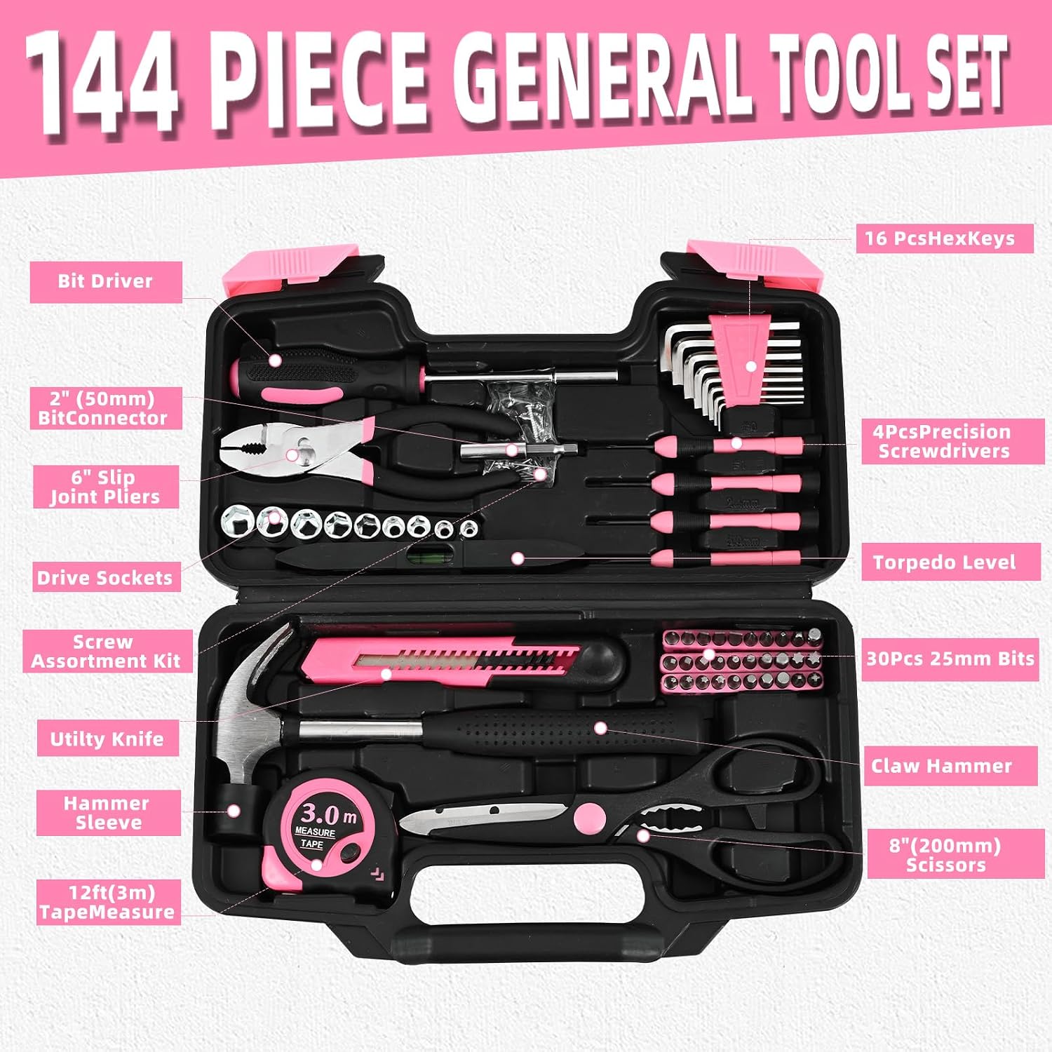 Thumbnail 1 de GETFOO GF144FN 144-Piece Household Tool Set with Pink Plastic Toolbox