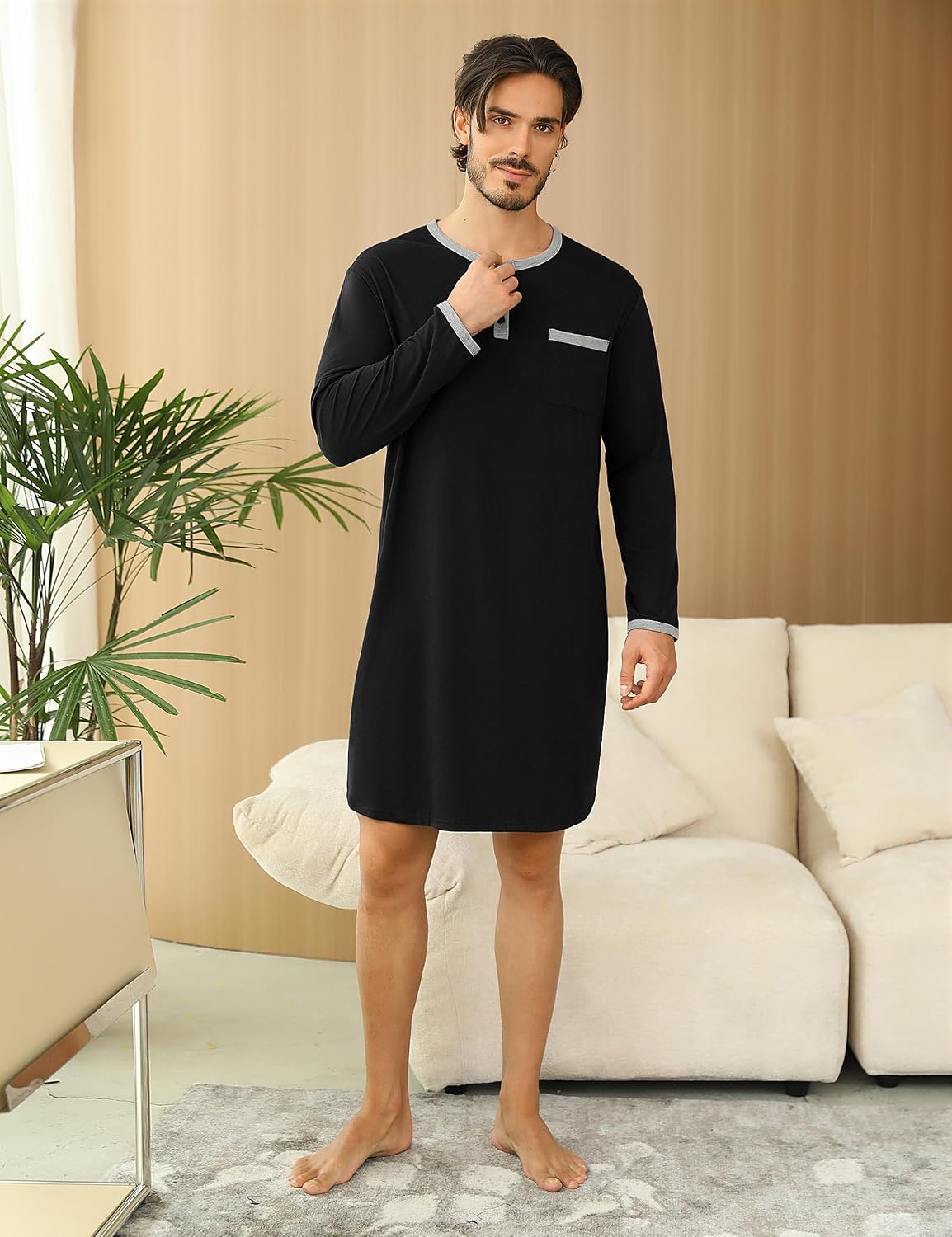 Detalle de Uniexcosm Hauts de Pyjama pour Hommes — Chemise de Nuit à Manches Longues, Col Rond et Poche, Taille S–3XL
