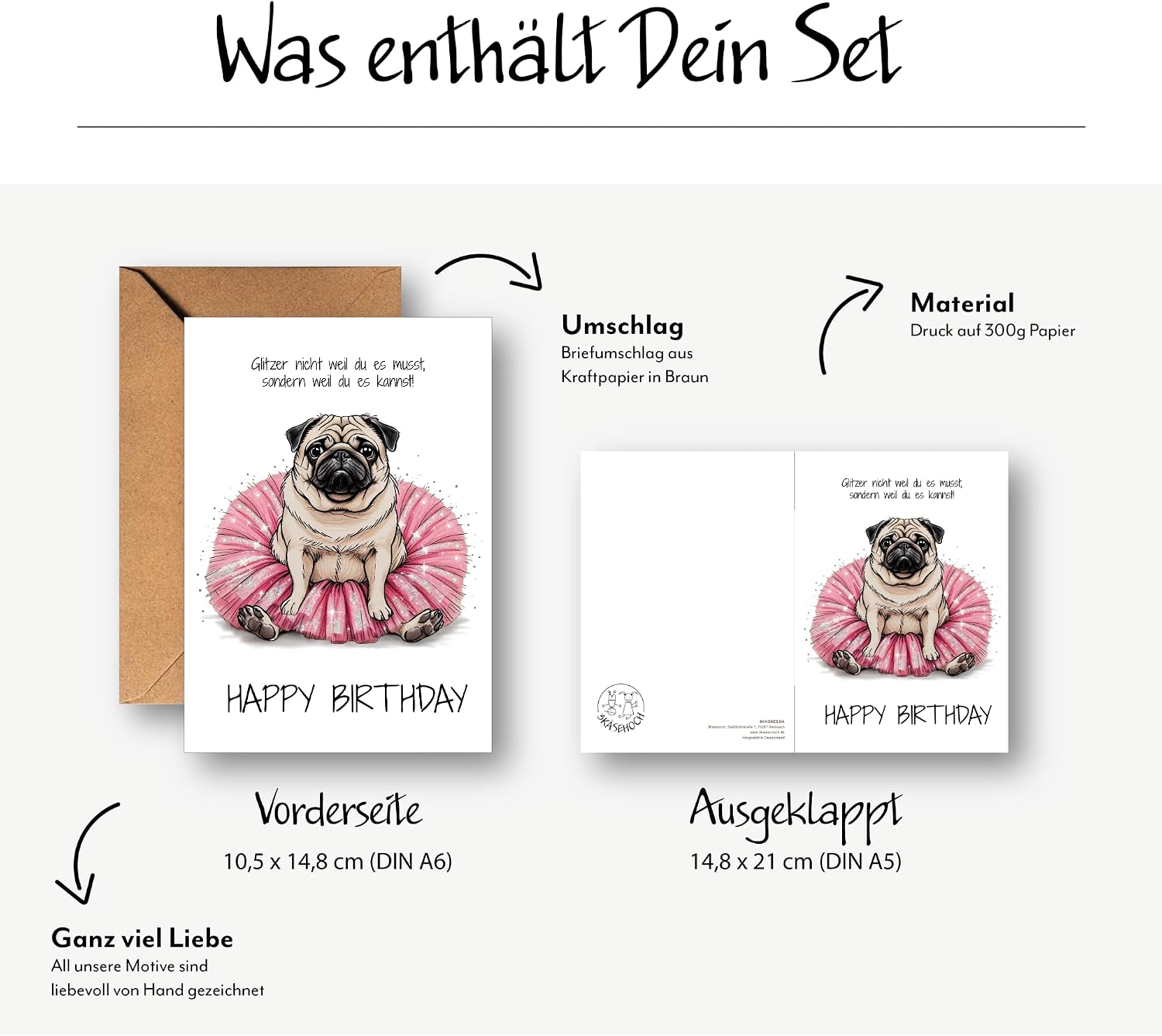 Thumbnail 1 de Lustige Geburtstagskarte Mops im rosa Glitzer-Tutu – A6 Klappkarte inkl. Umschlag