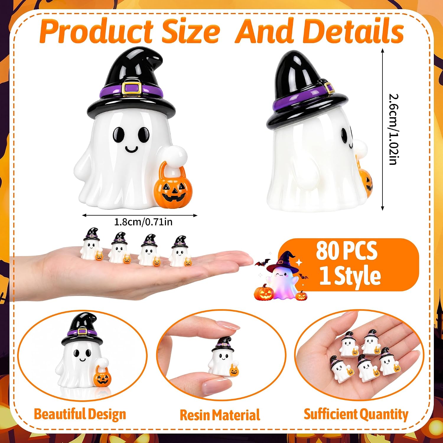Detalle de 80-Piece Halloween Mini Resin Ghost Figurines with Witch Hats and Pumpkins