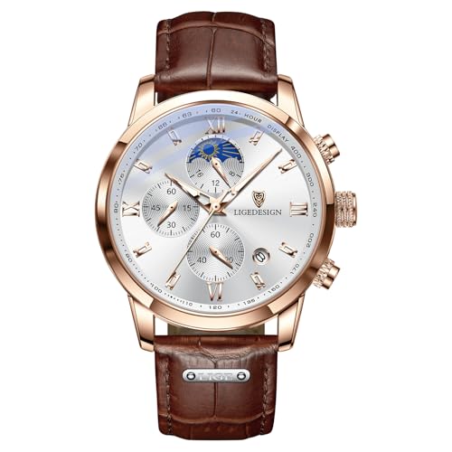 Detalle de LIGE Montre homme vintage chronographe, cuir, 3 ATM, cadran or et blanc
