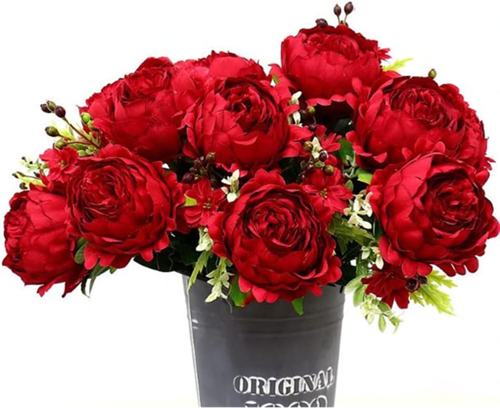 Thumbnail 3 de 10 Heads Peonies Artificial Flowers Bouquet – 17.5" Red Silk Peony Arrangement for Home, Garden, and Event Décor