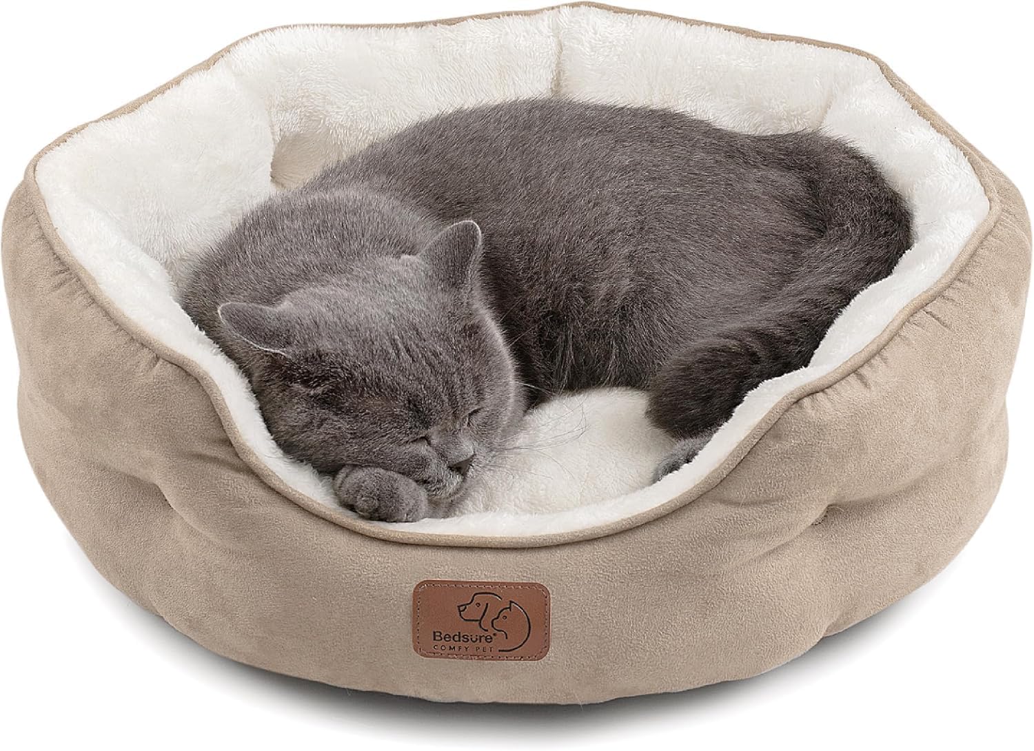 Detalle de Bedsure 1 Round Pet Bed, 20-Inch Camel Plush with Non-Slip Bottom