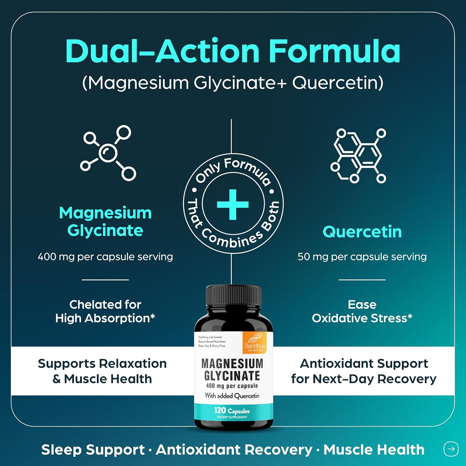 Detalle de Sandhu's Magnesium Glycinate 400mg Capsules with Quercetin, 120 Count