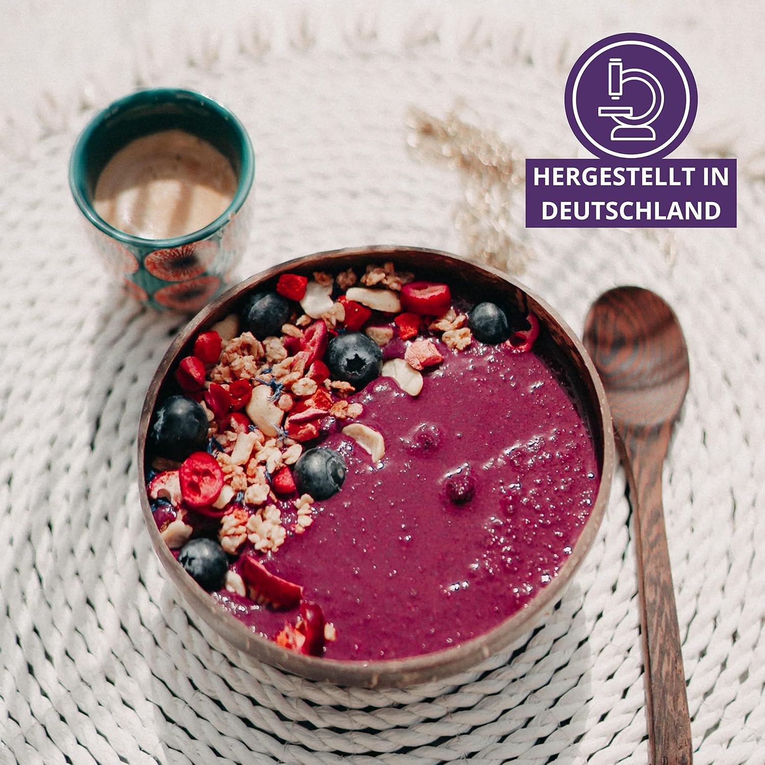 Detalle de BREKKY Blueberry Wave Smoothie Bowl – vegan, 100% natürlich, ohne Zuckerzusatz – praktisches Frühstückspulver