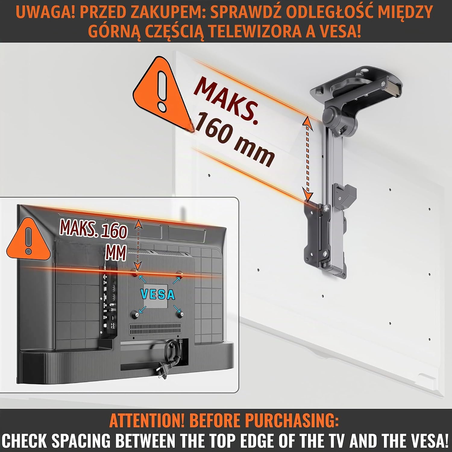 Detalle de RICOO D0111 – składany uchwyt sufitowy do TV i monitora, VESA 100 × 100 mm