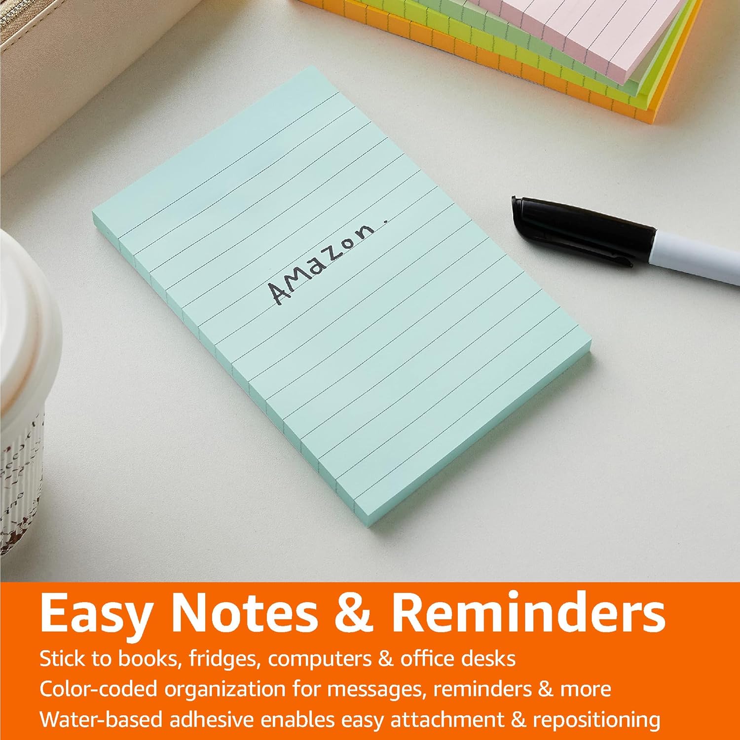 Thumbnail 6 de Amazon Basics Lined Square Sticky Notes, 10.16 x 15 cm, Assorted Colours, Pack of 5