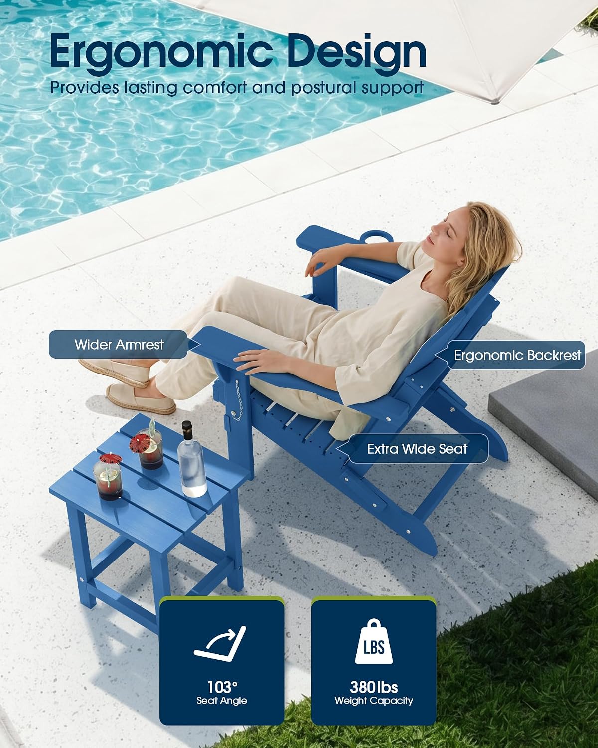 Detalle 2 de MUCHENGHY Folding Adirondack Chair HDPE, Navy Blue with Cup Holder