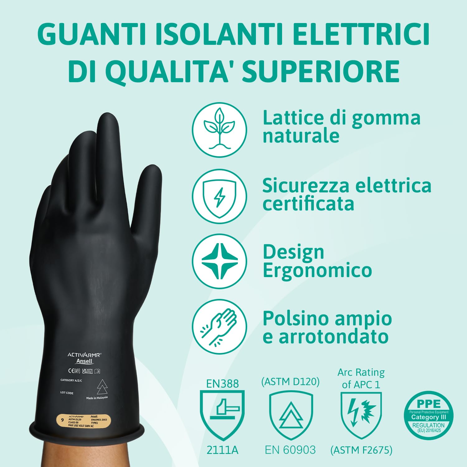Thumbnail 1 de Ansell ActivArmr Guanti Dielettrici per Elettricisti, Classe 00 (Fino 500V) – 28 cm, Taglia M, Nero