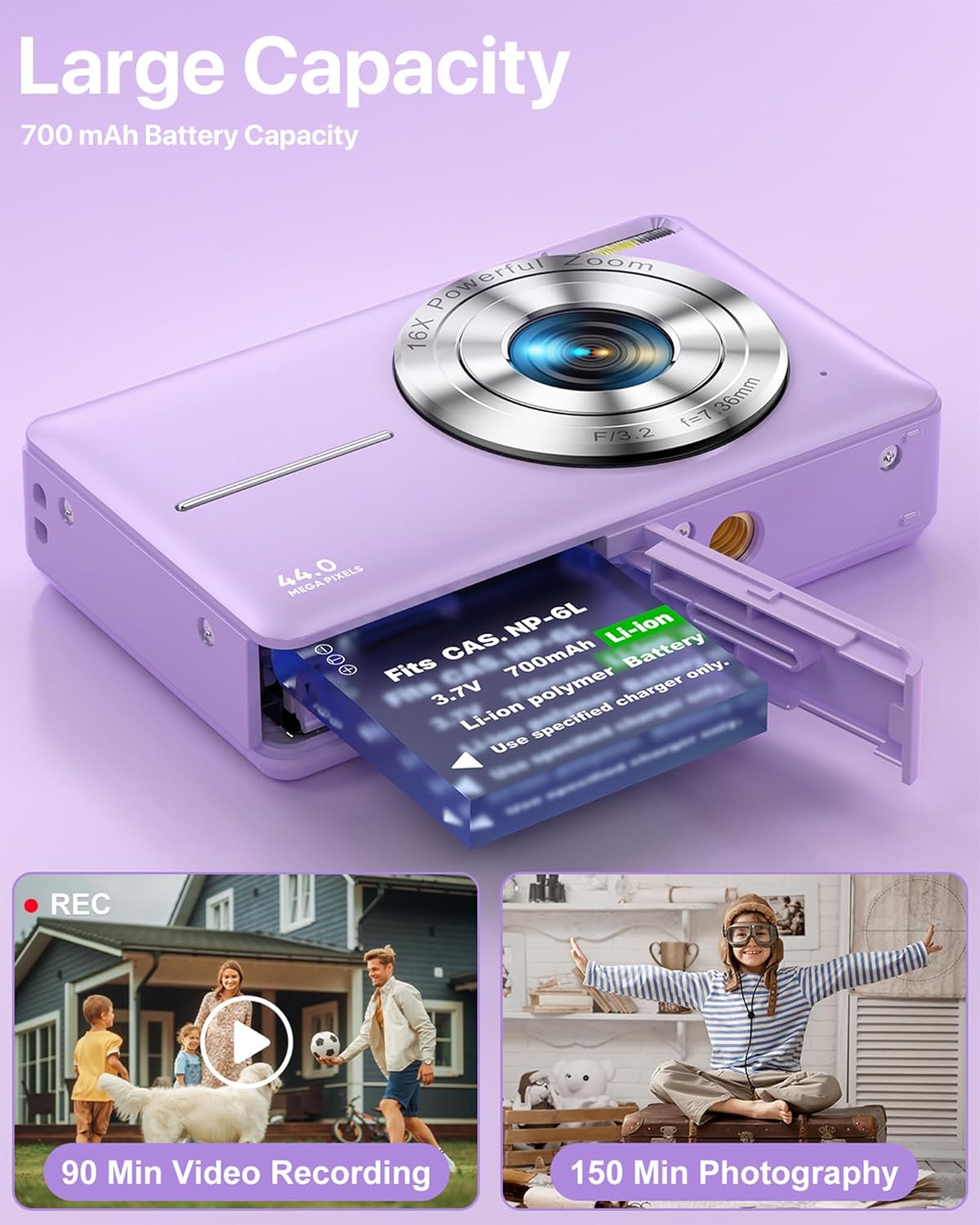 Thumbnail 6 de VAHOIALD Digital Camera 1080P (44MP) with 2.4" LCD, 16x Digital Zoom and Vlogging/Webcam Mode – Purple (No SD Card)