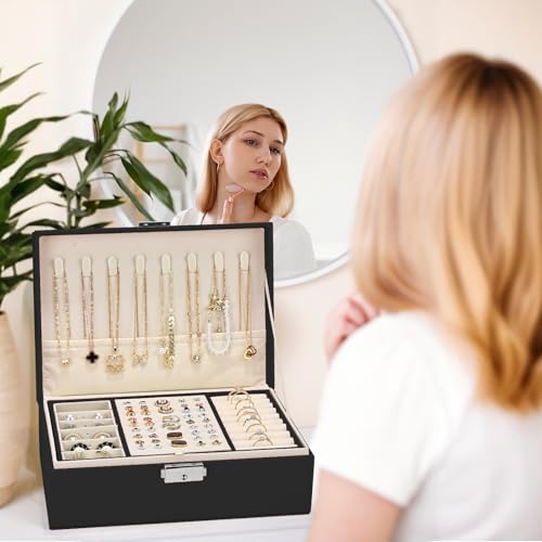 Detalle de Eucomir Joyeros Mujer: Joyero de Viaje 2 Capas en Cuero PU Negro, Organizador de Joyas