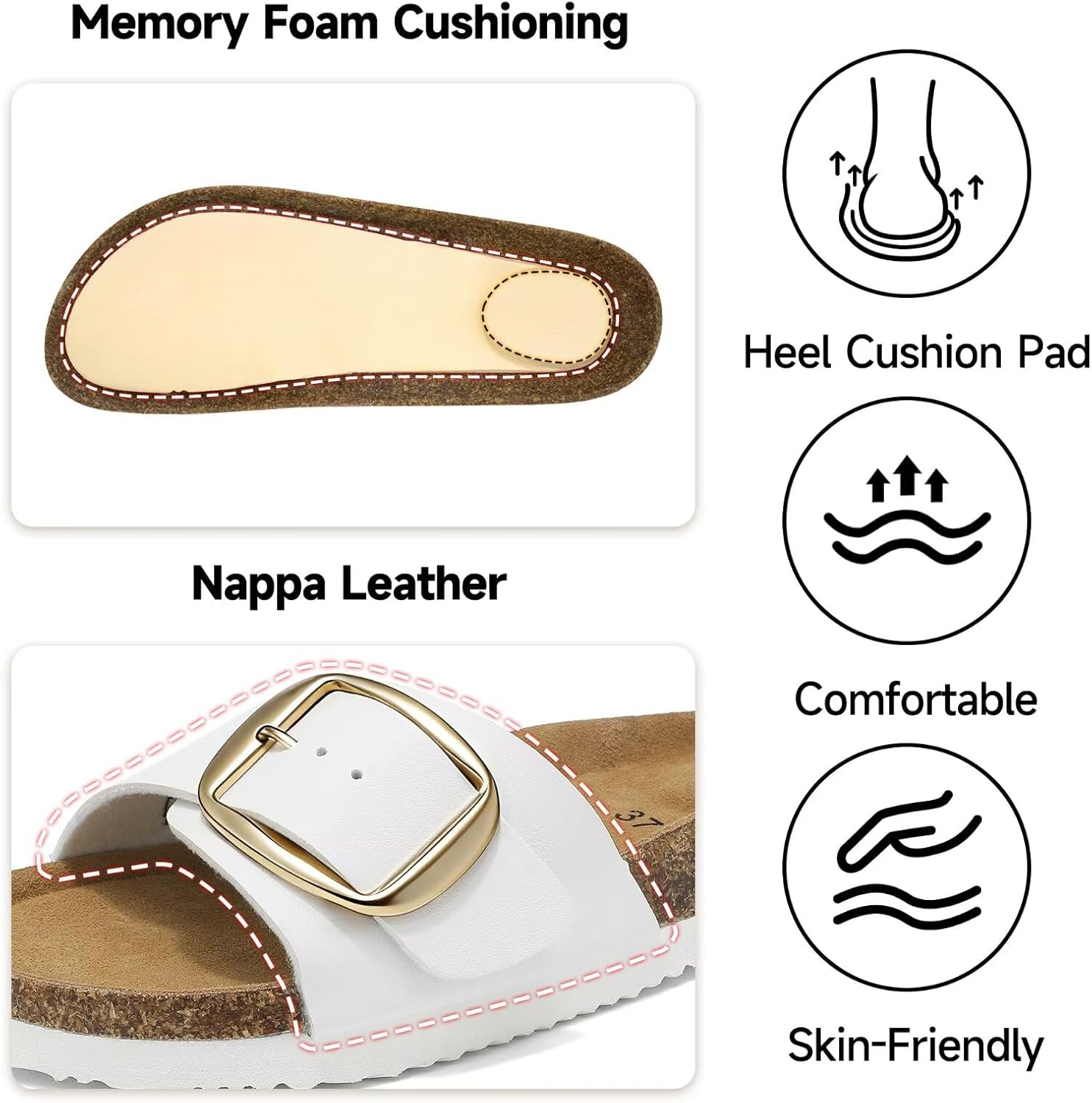 Detalle de Wizshoe Pantoletten Damen Leder mit Verstellbarer Schnalle – Memory-Foam Komfort, Arch Support und rutschfeste Sohle